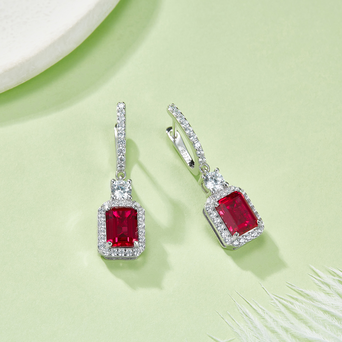 Sterling Silver Lab-Grown Emerald Cut Drop Earrings, 6x8mm 6ct Ruby Sapphire Emerald