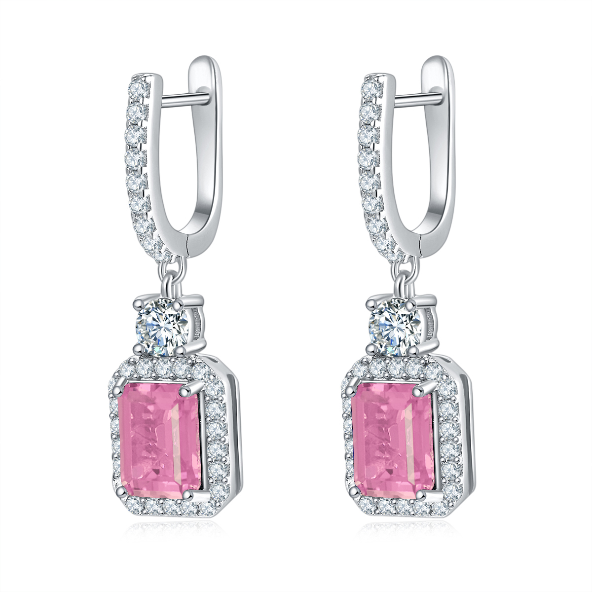 Sterling Silver Lab-Grown Emerald Cut Drop Earrings, 6x8mm 6ct Ruby Sapphire Emerald