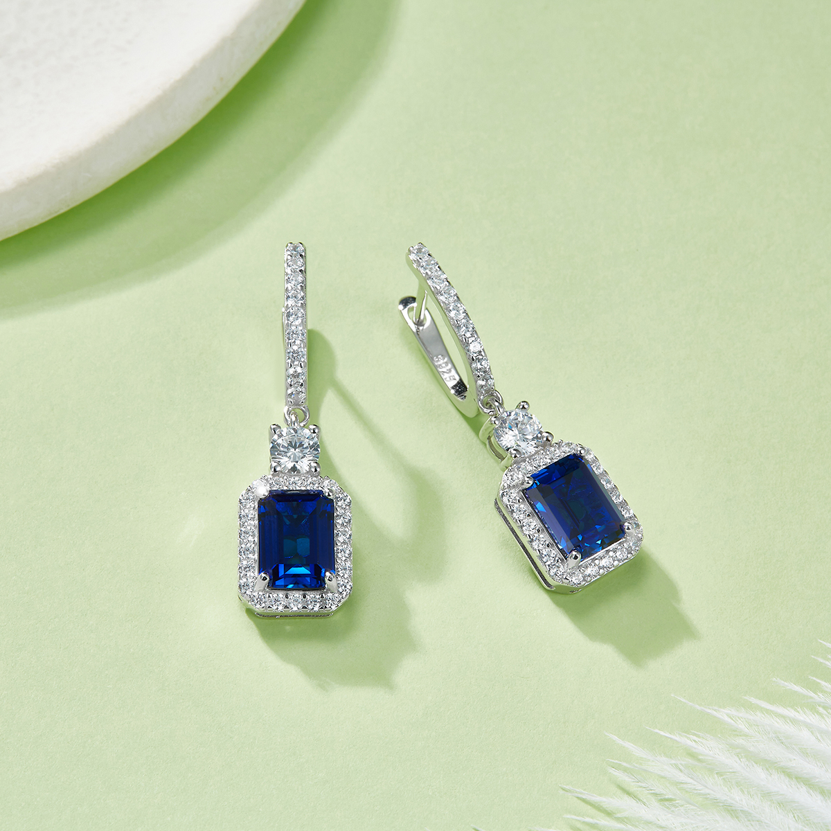 Sterling Silver Lab-Grown Emerald Cut Drop Earrings, 6x8mm 6ct Ruby Sapphire Emerald