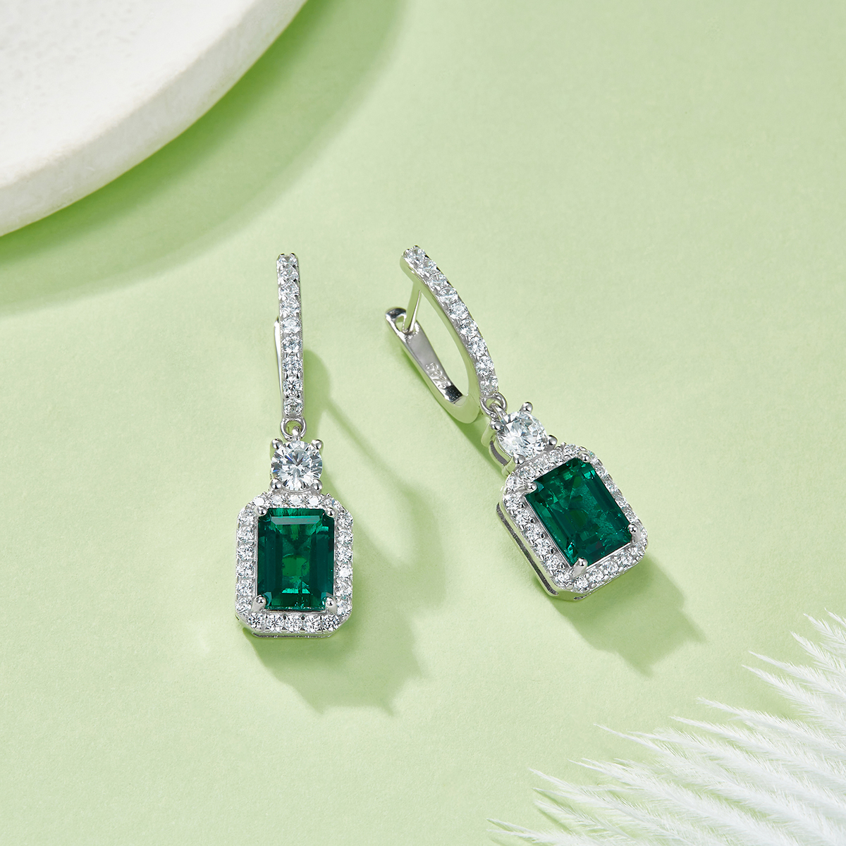 Sterling Silver Lab-Grown Emerald Cut Drop Earrings, 6x8mm 6ct Ruby Sapphire Emerald