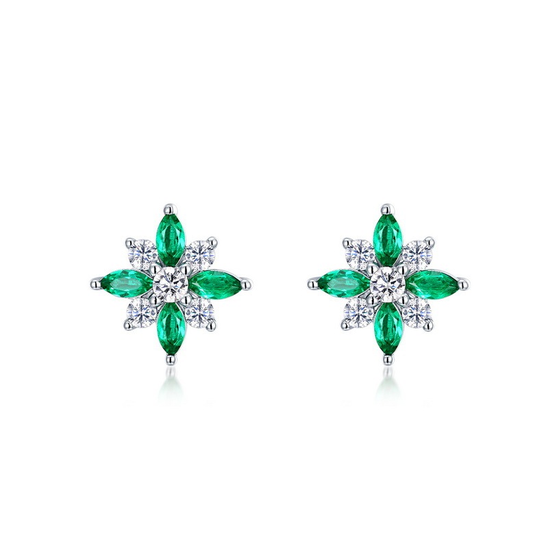 Sterling Silver Lab-Grown Emerald Flower Stud Earrings, 4x2mm Marquise Cluster, Platinum
