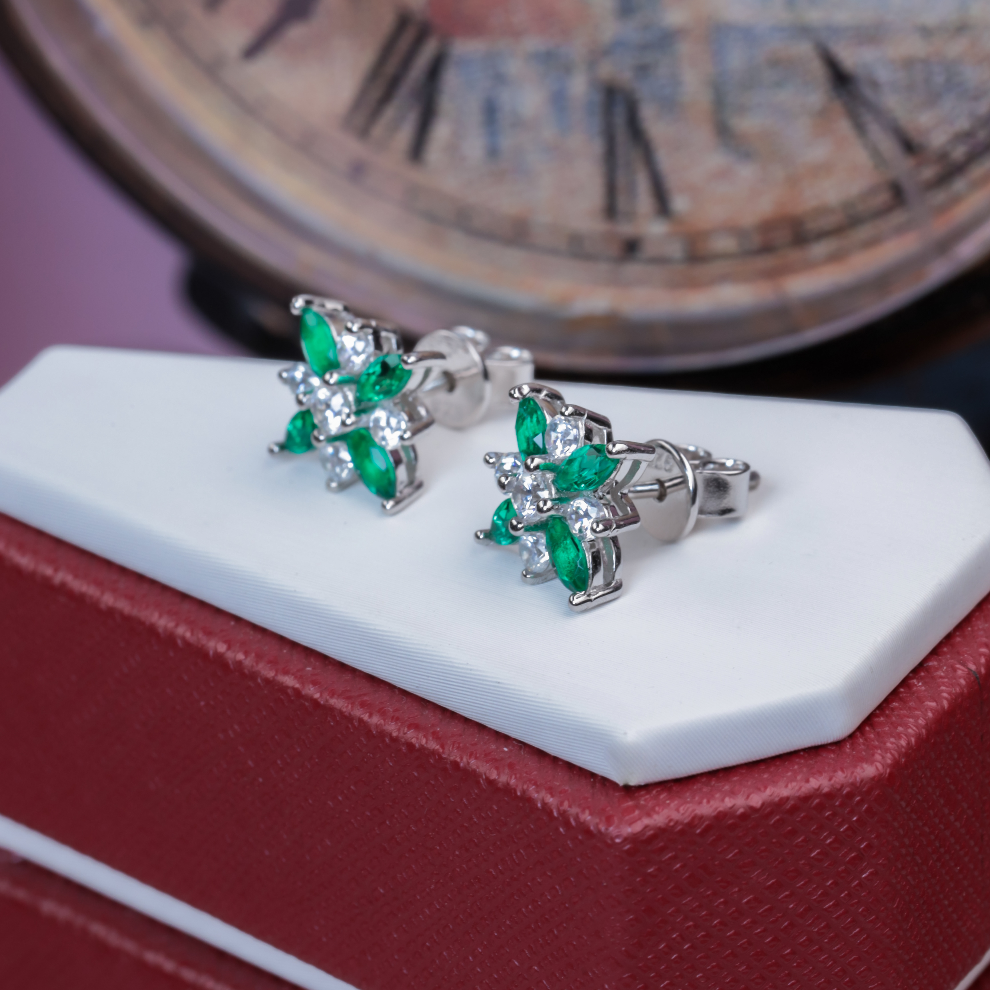 Sterling Silver Lab-Grown Emerald Flower Stud Earrings, 4x2mm Marquise Cluster, Platinum