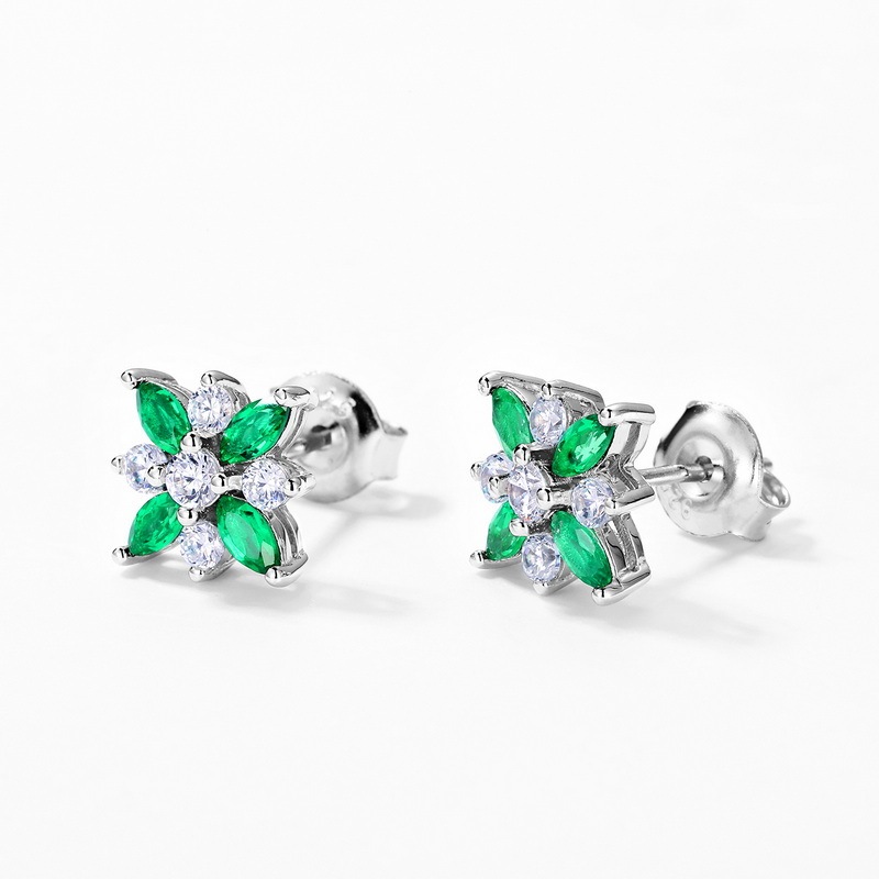 Sterling Silver Lab-Grown Emerald Flower Stud Earrings, 4x2mm Marquise Cluster, Platinum