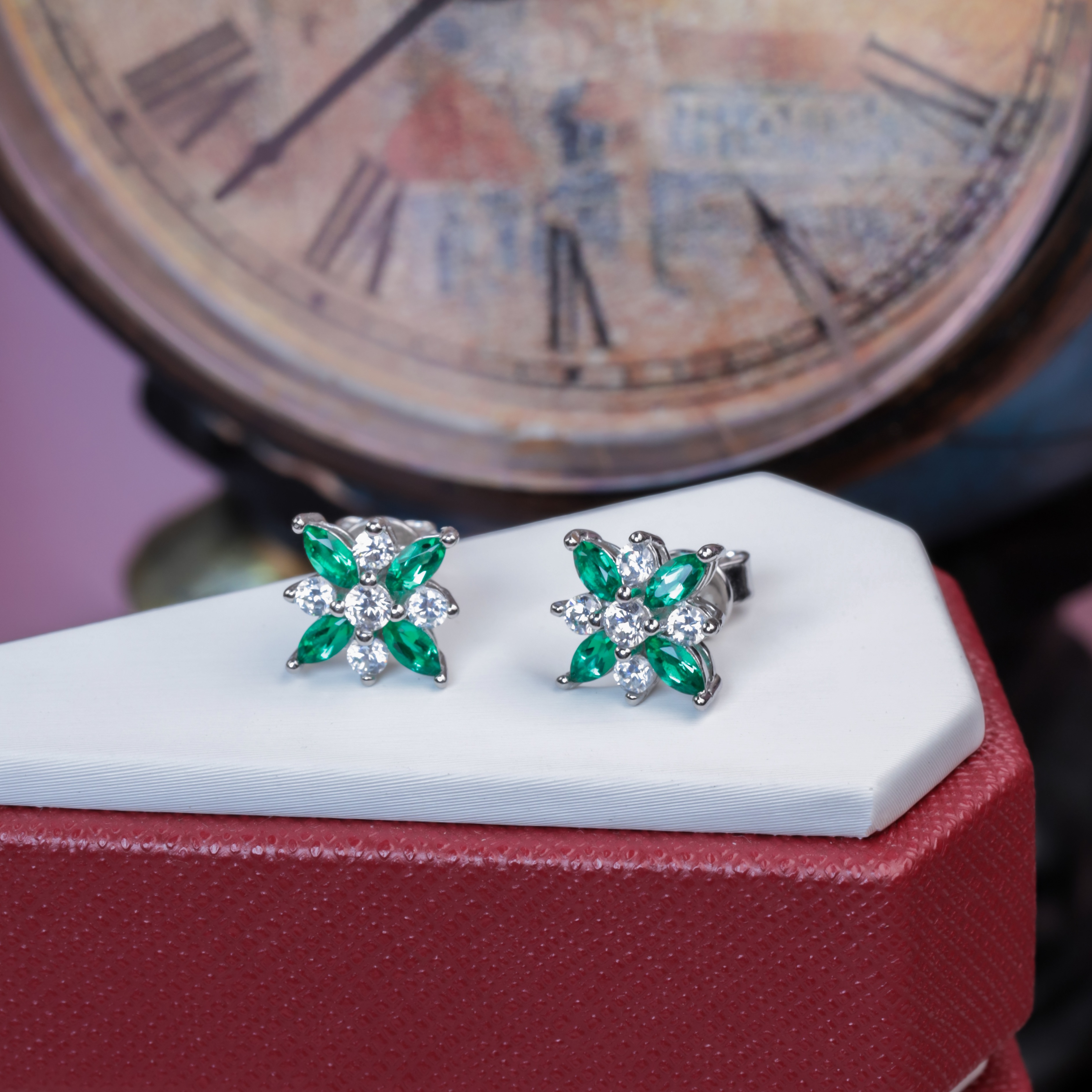 Sterling Silver Lab-Grown Emerald Flower Stud Earrings, 4x2mm Marquise Cluster, Platinum