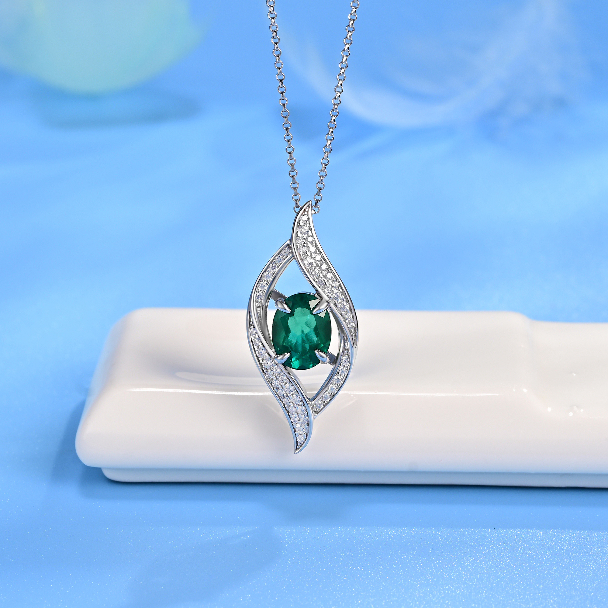 Sterling Silver Lab-Grown Emerald Necklace, 9x7mm Oval Cut Interwoven Pendant, Platinum