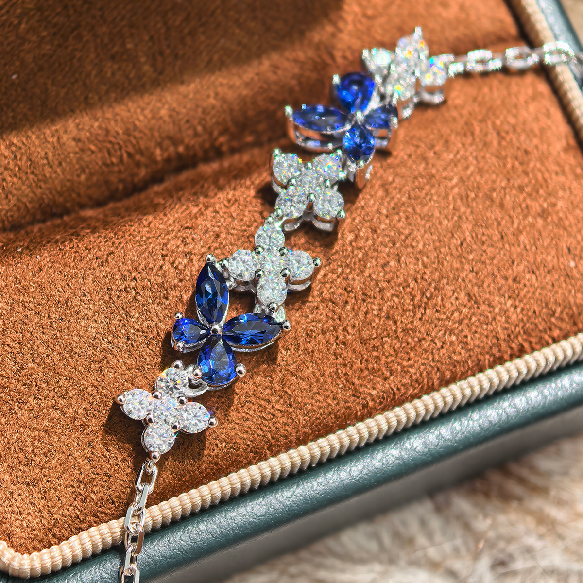 Sterling Silver Lab-Grown Gemstone Butterfly Bracelet 16cm Blue P Ink Moissanite Platinum