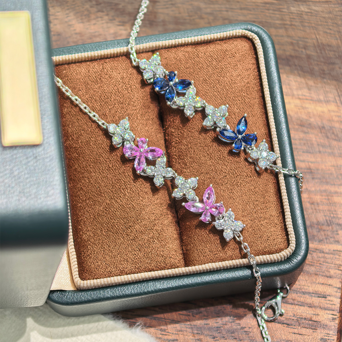 Sterling Silver Lab-Grown Gemstone Butterfly Bracelet 16cm Blue P Ink Moissanite Platinum