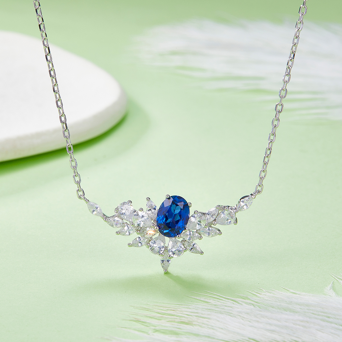 Sterling Silver Lab-Grown Ruby Sapphire Necklace, 8x6mm Oval With Marquise Cluster