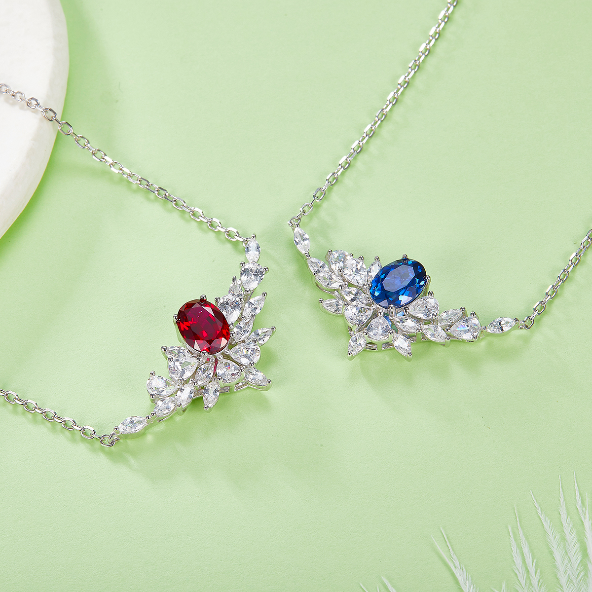 Sterling Silver Lab-Grown Ruby Sapphire Necklace, 8x6mm Oval With Marquise Cluster