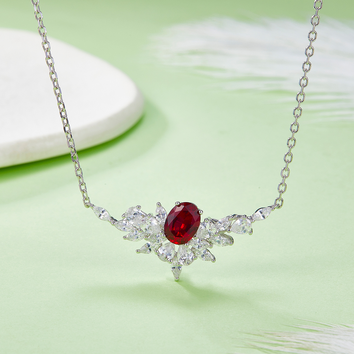 Sterling Silver Lab-Grown Ruby Sapphire Necklace, 8x6mm Oval With Marquise Cluster