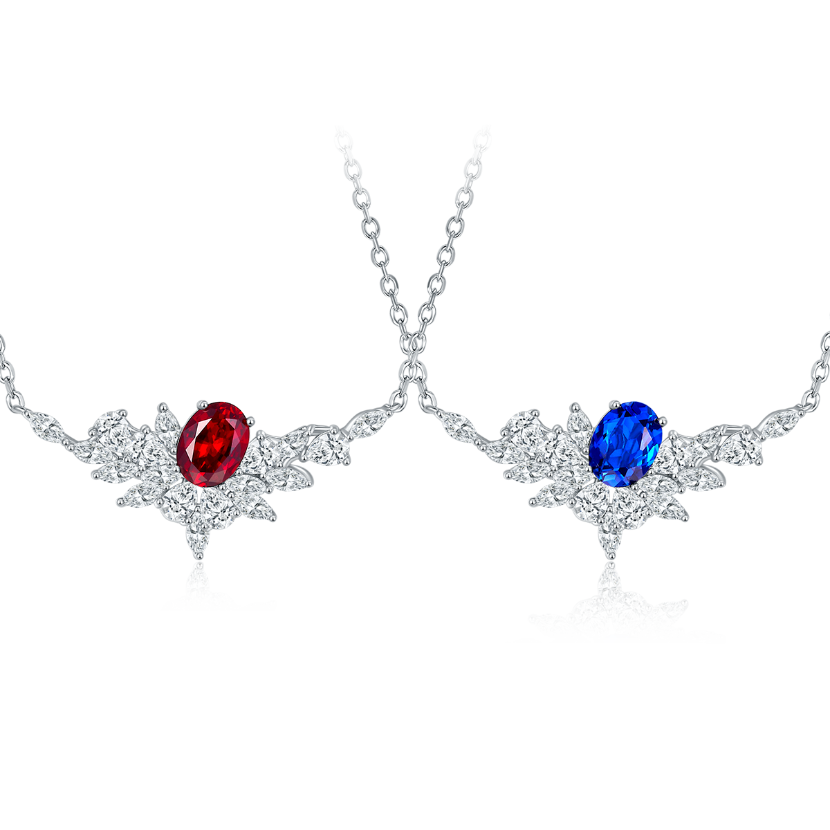 Sterling Silver Lab-Grown Ruby Sapphire Necklace, 8x6mm Oval With Marquise Cluster