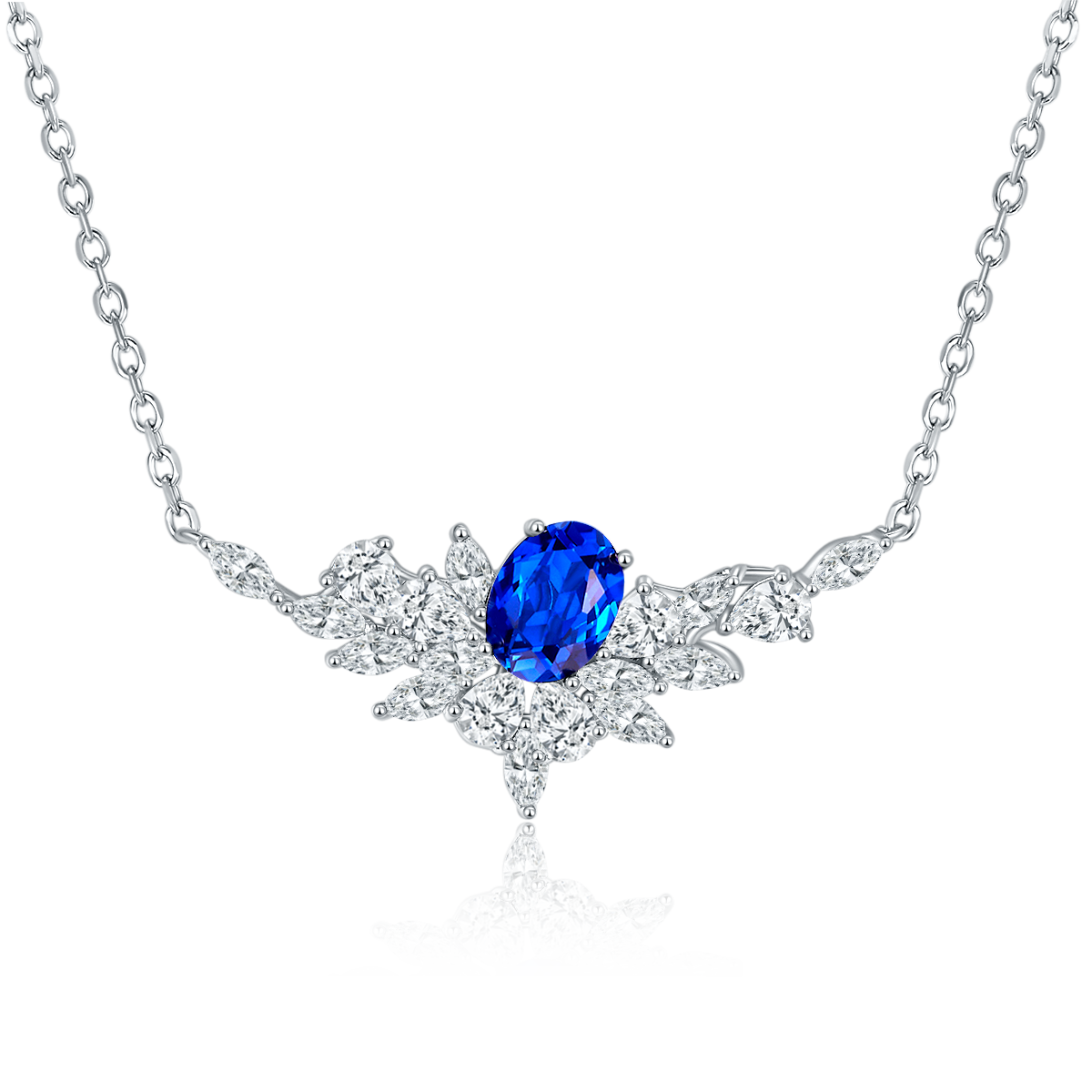 Sterling Silver Lab-Grown Ruby Sapphire Necklace, 8x6mm Oval With Marquise Cluster