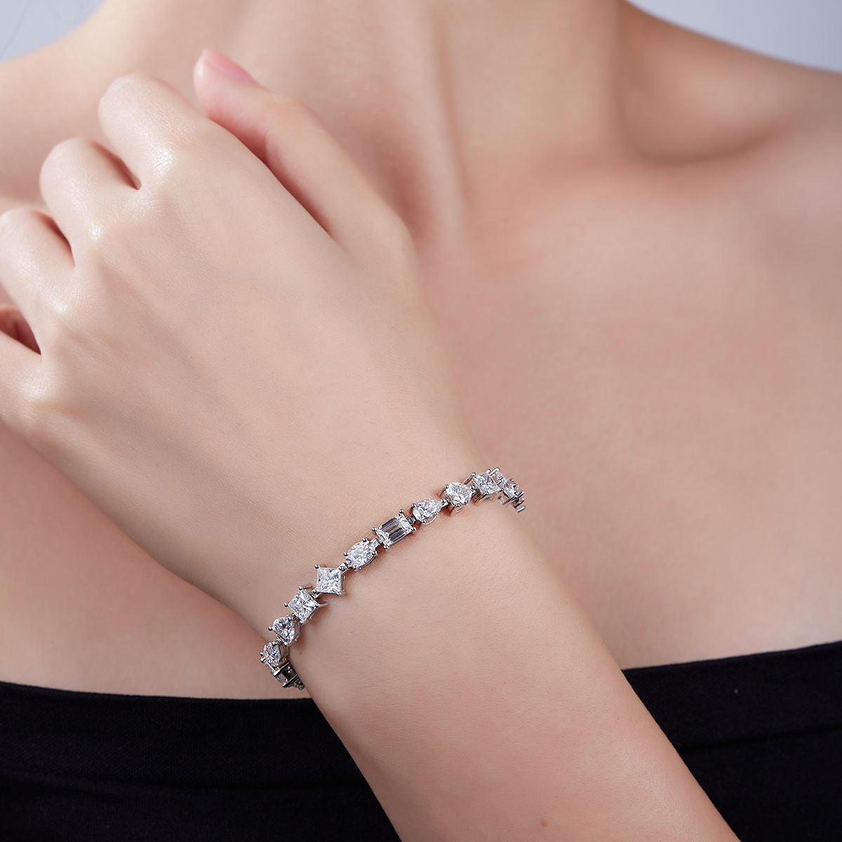 Sterling Silver Mixed Cut Moissanite Tennis Bracelet D Color VVS1 GRA Certified 16-18-20cm
