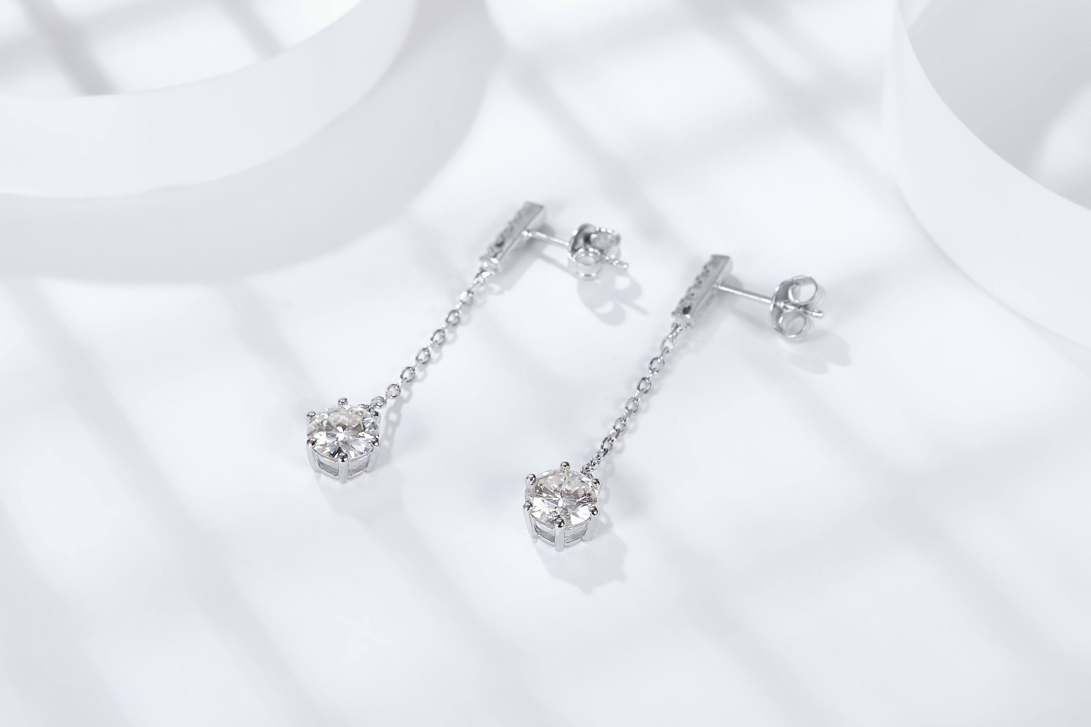 Sterling Silver Moissanite Chain Dangle Earrings 0.5 Or1CT Platinum Plated Long Drop