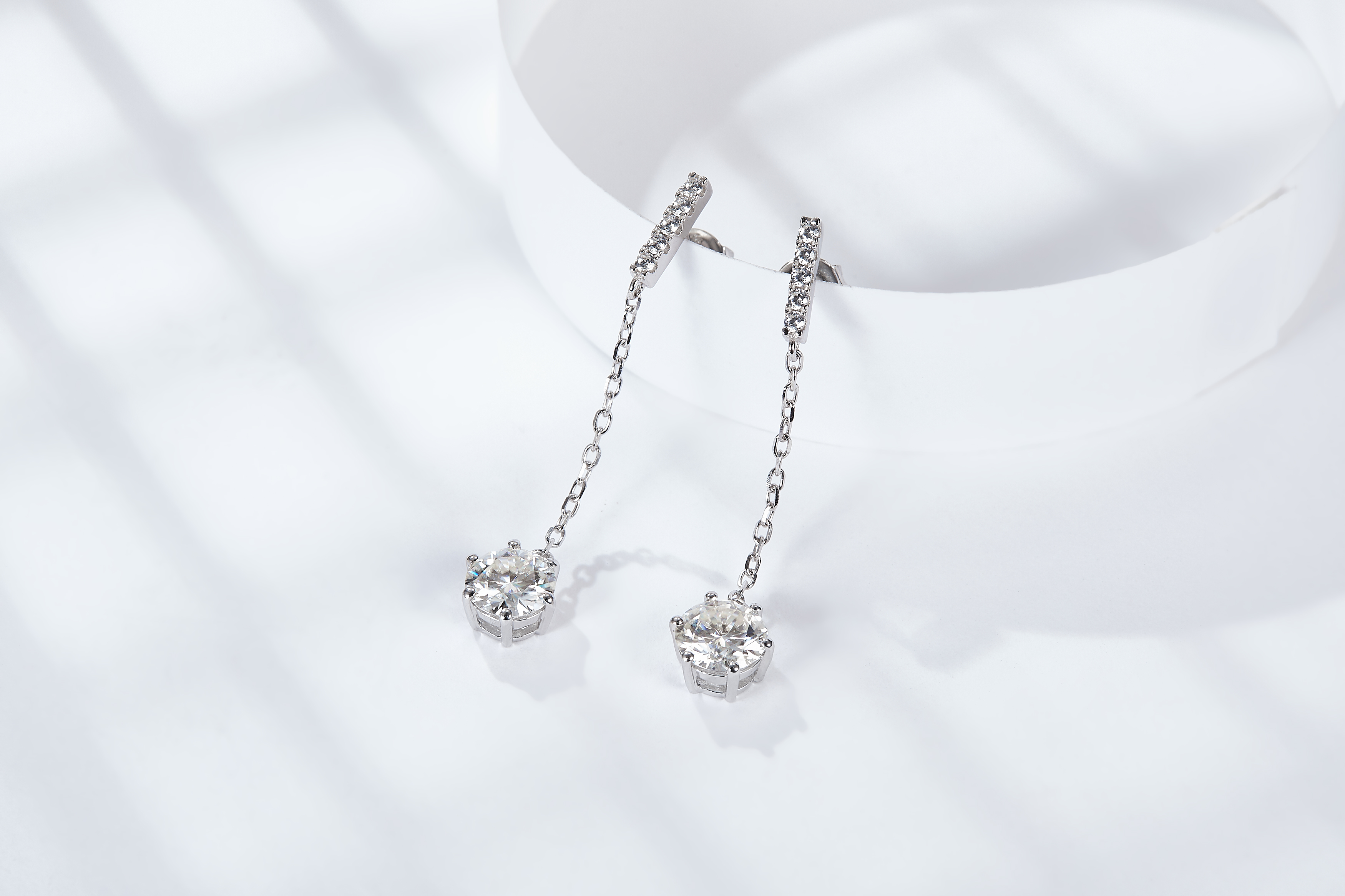 Sterling Silver Moissanite Chain Dangle Earrings 0.5 Or1CT Platinum Plated Long Drop