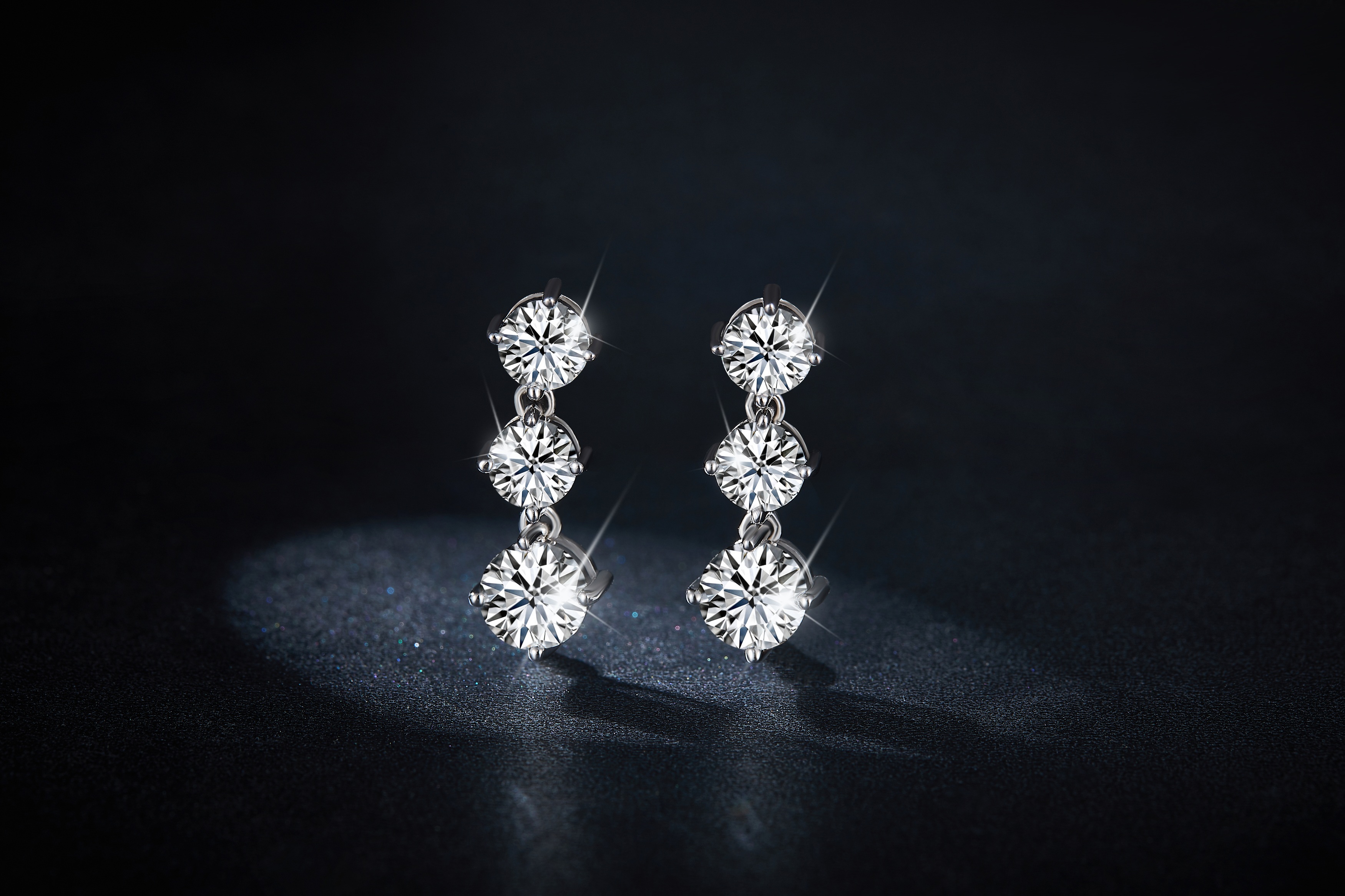 Sterling Silver Moissanite Dangle Earrings 3-Stone Round Cut Vertical Drop Earrings With