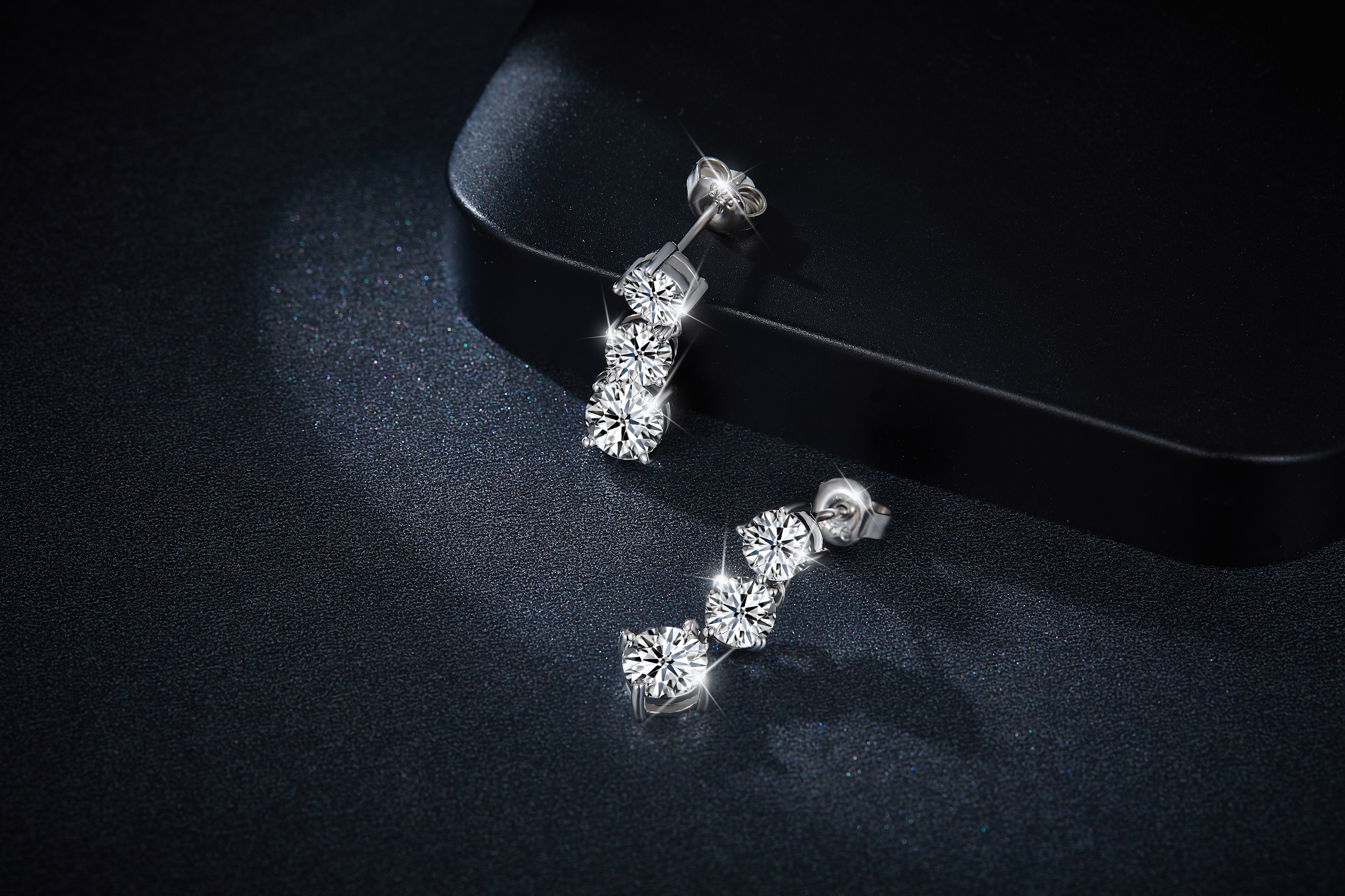 Sterling Silver Moissanite Dangle Earrings 3-Stone Round Cut Vertical Drop Earrings With
