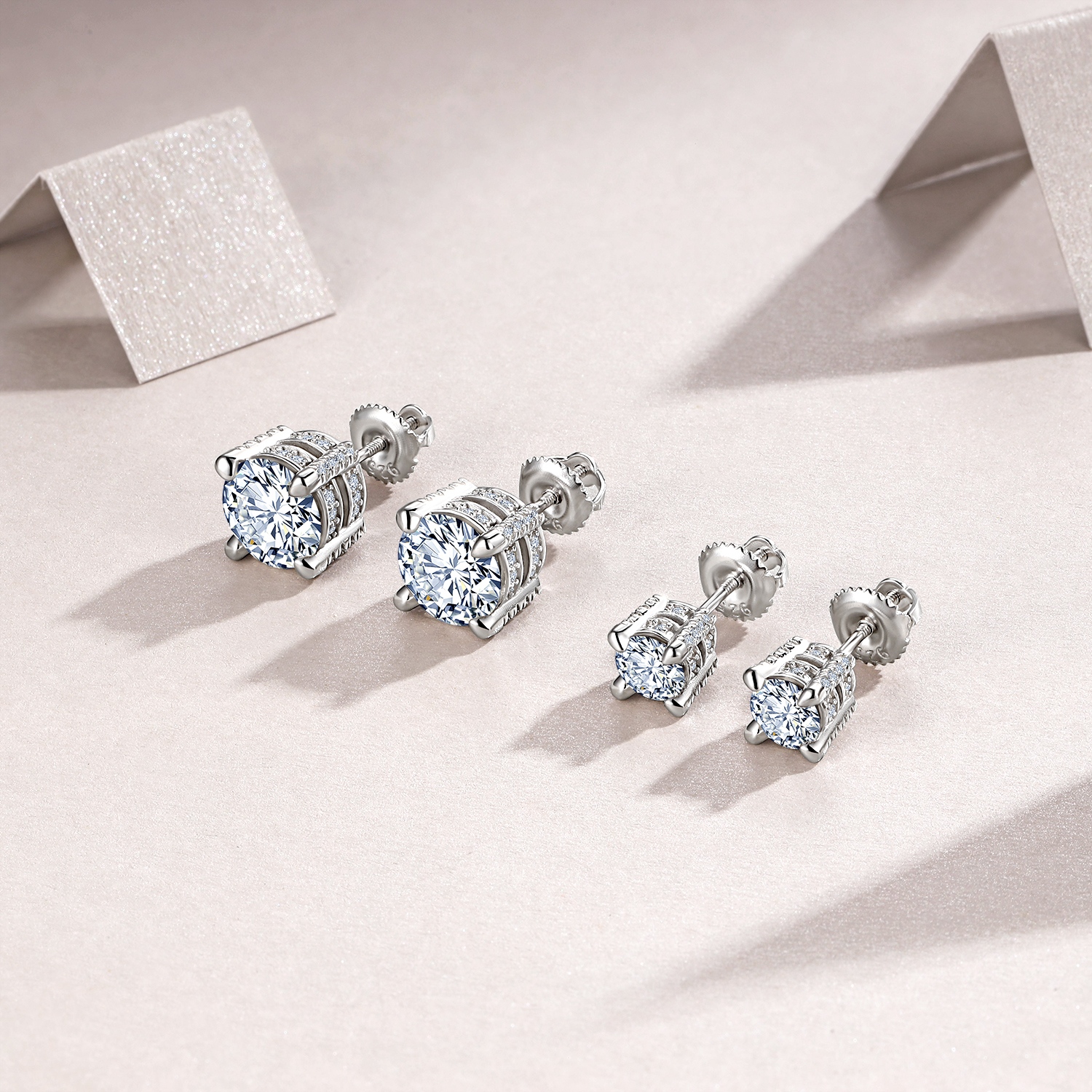 Sterling Silver Moissanite Stud Earrings, 0.5&2ct D-VVS1 4-Prong Basket Pave With Screw