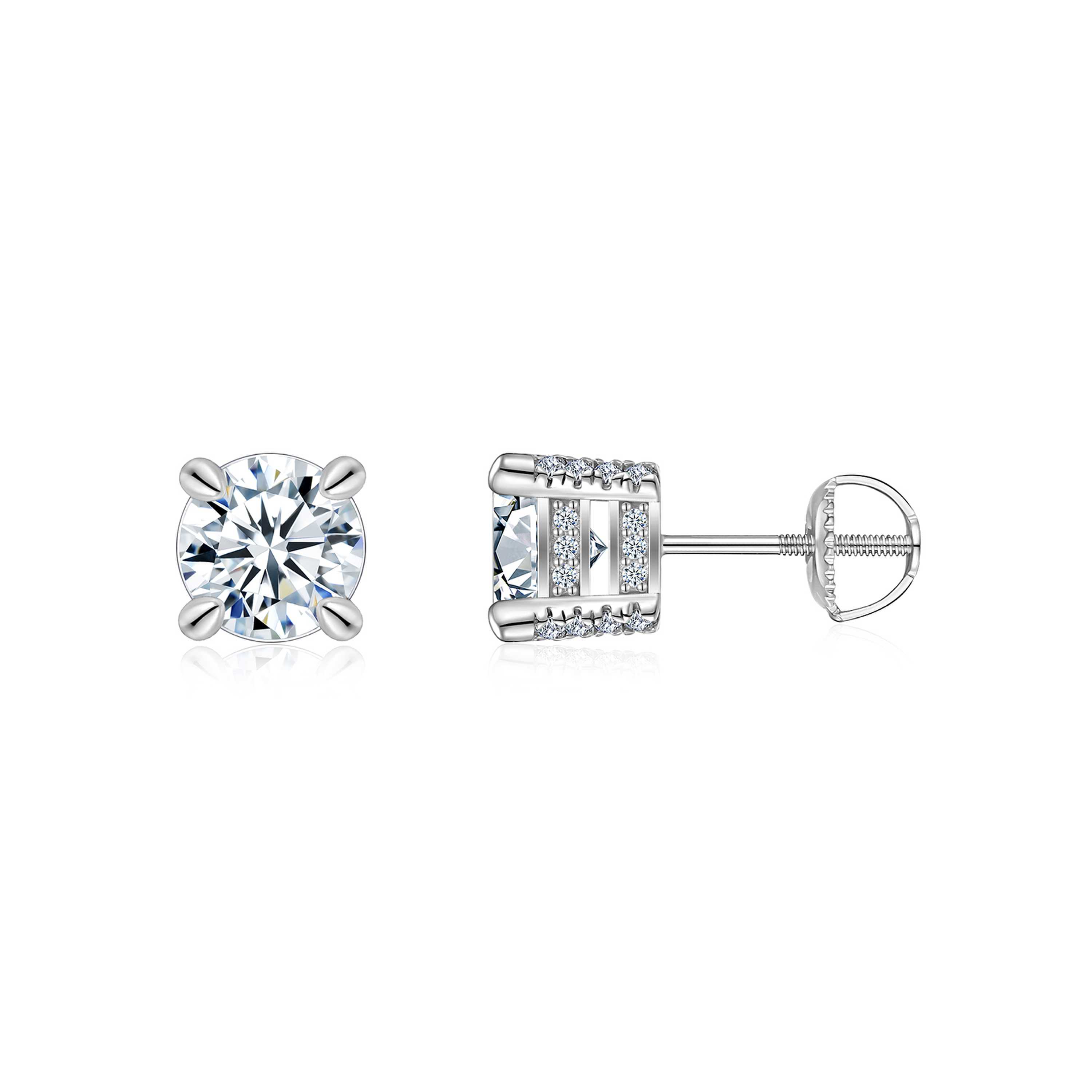 Sterling Silver Moissanite Stud Earrings, 0.5&2ct D-VVS1 4-Prong Basket Pave With Screw