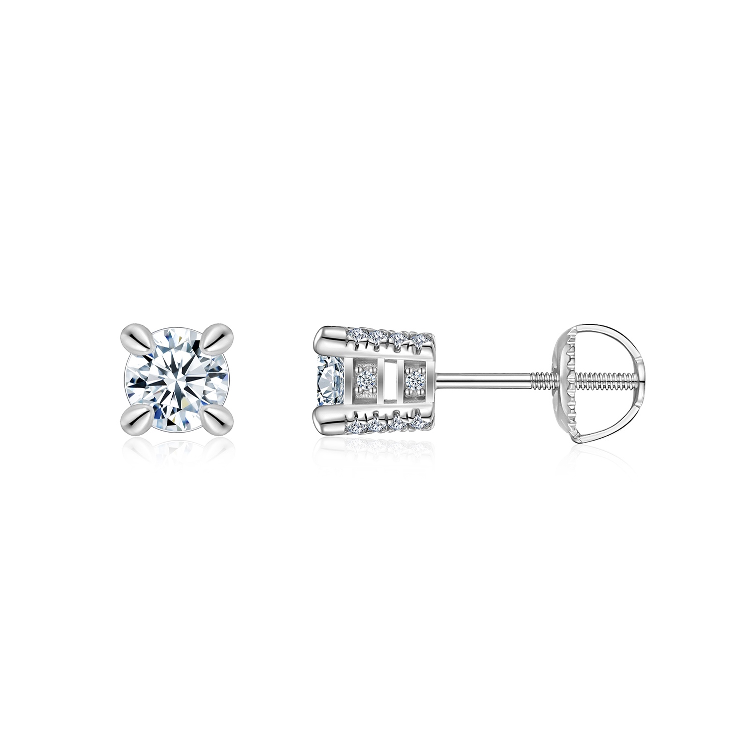 Sterling Silver Moissanite Stud Earrings, 0.5&2ct D-VVS1 4-Prong Basket Pave With Screw