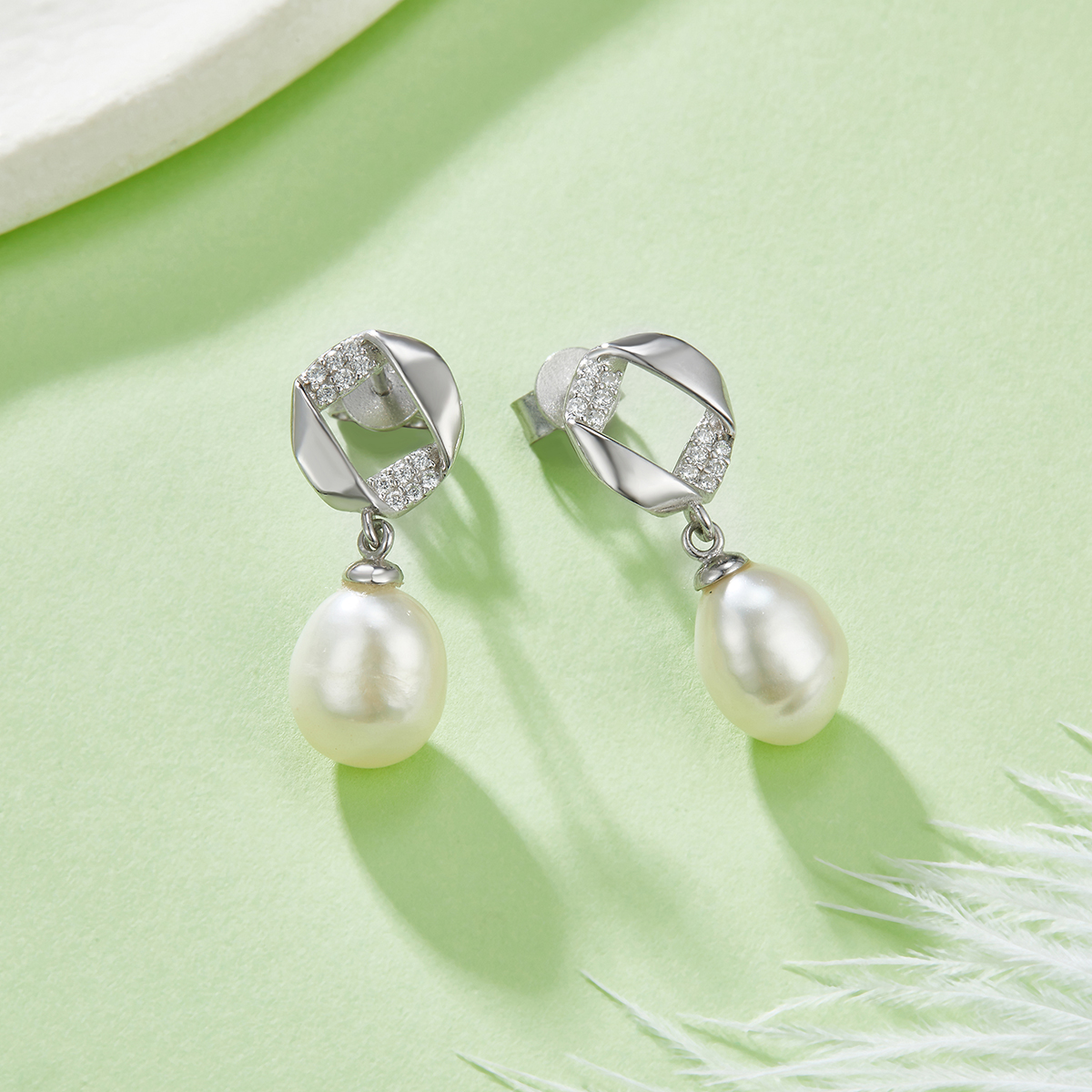 Sterling Silver Natural Freshwater Pearl Dangle Earrings Geometric Pave Drop Pearl