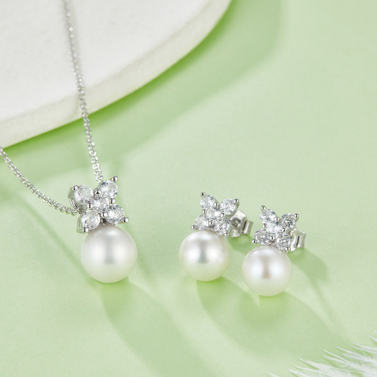 Sterling Silver Natural Freshwater Pearl Necklace Earrings Set Butterfly Flower Design
