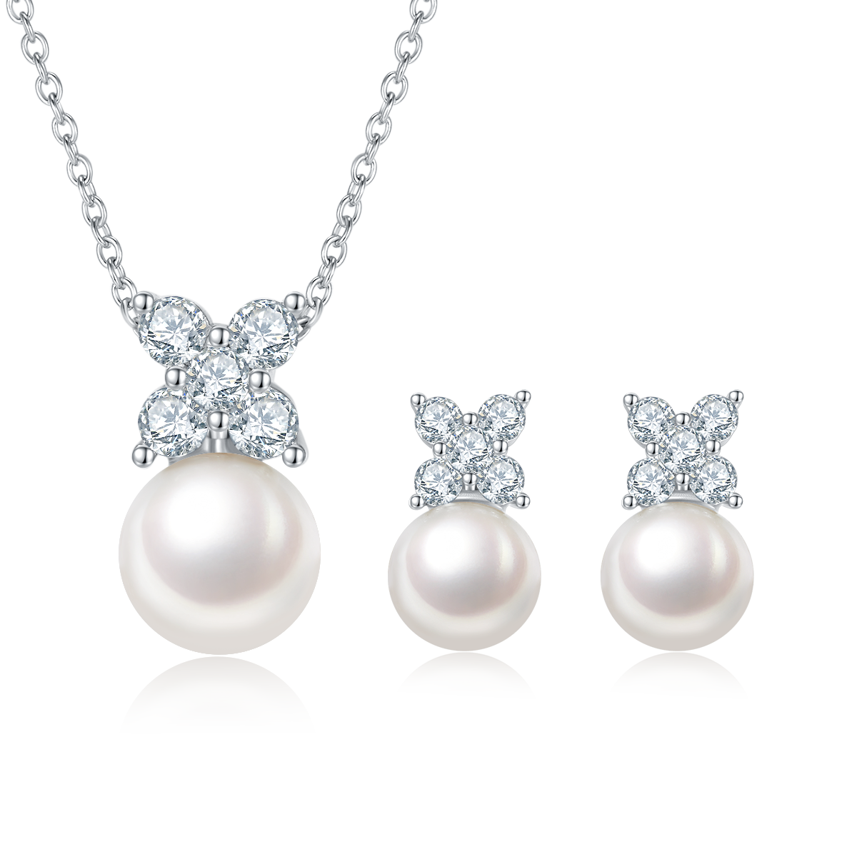 Sterling Silver Natural Freshwater Pearl Necklace Earrings Set Butterfly Flower Design