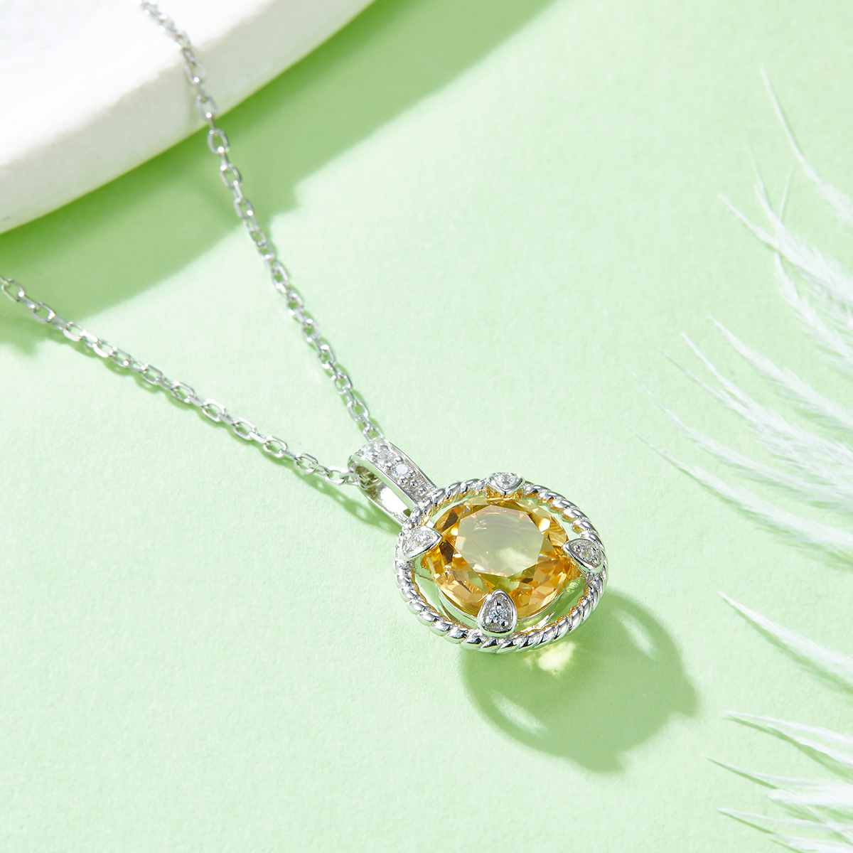 Sterling Silver Necklace, 8mm Natural Citrine Round Pendant, Platinum Plated Rope Design