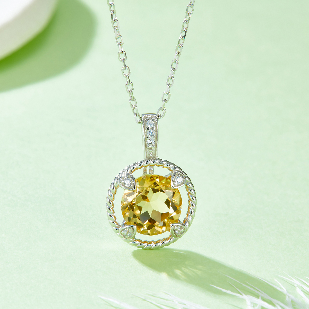 Sterling Silver Necklace, 8mm Natural Citrine Round Pendant, Platinum Plated Rope Design