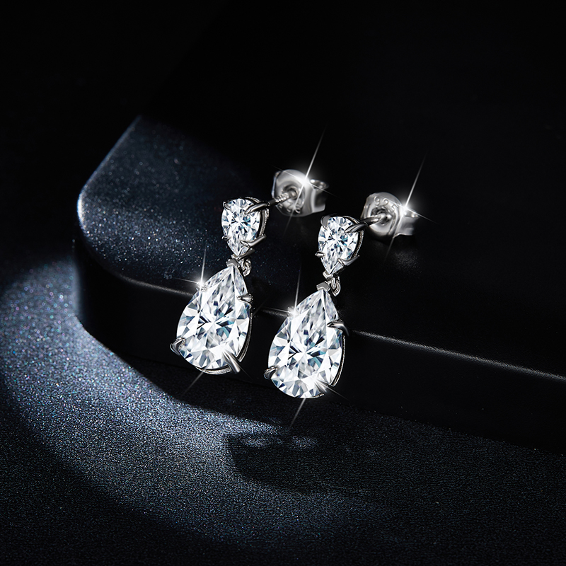 Sterling Silver Pear Cut Moissanite Dangle Earrings 7x11mm Teardrop Double Stone Drop