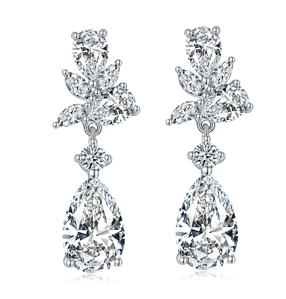 Sterling Silver Pear Cut Moissanite Dangle Earrings 7x11mm Elegant Floral Cluster Drop