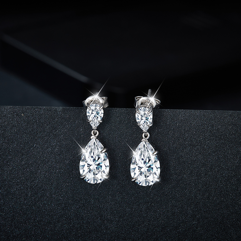 Sterling Silver Pear Cut Moissanite Dangle Earrings 7x11mm Teardrop Double Stone Drop