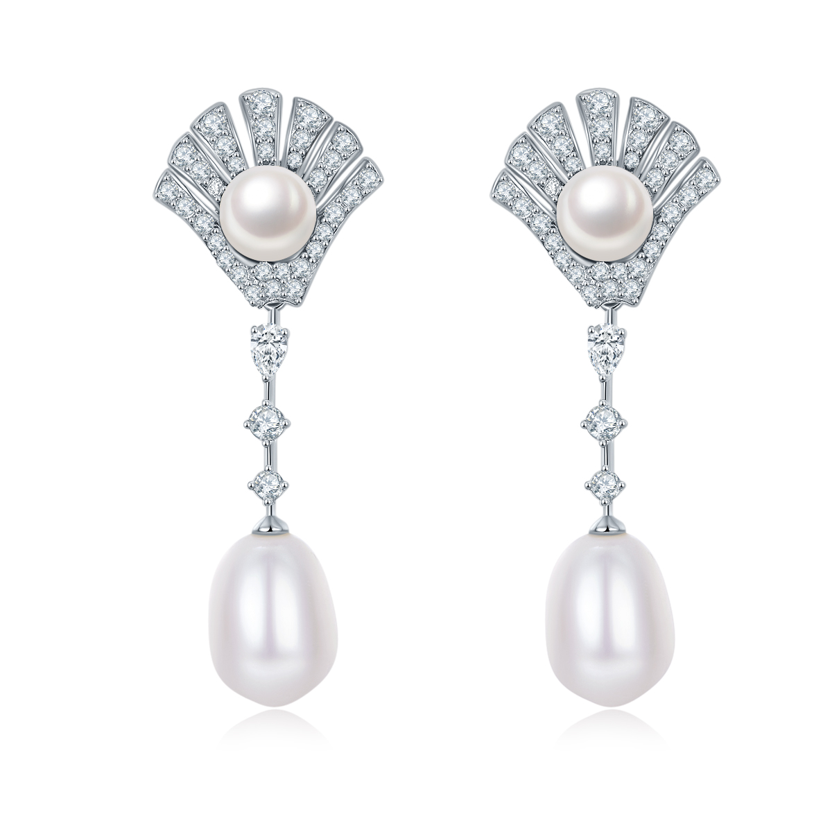 Sterling Silver Pearl Dangle Earrings, Fan Pave, Teardrop Pearl, Platinum Plated, 4.5g
