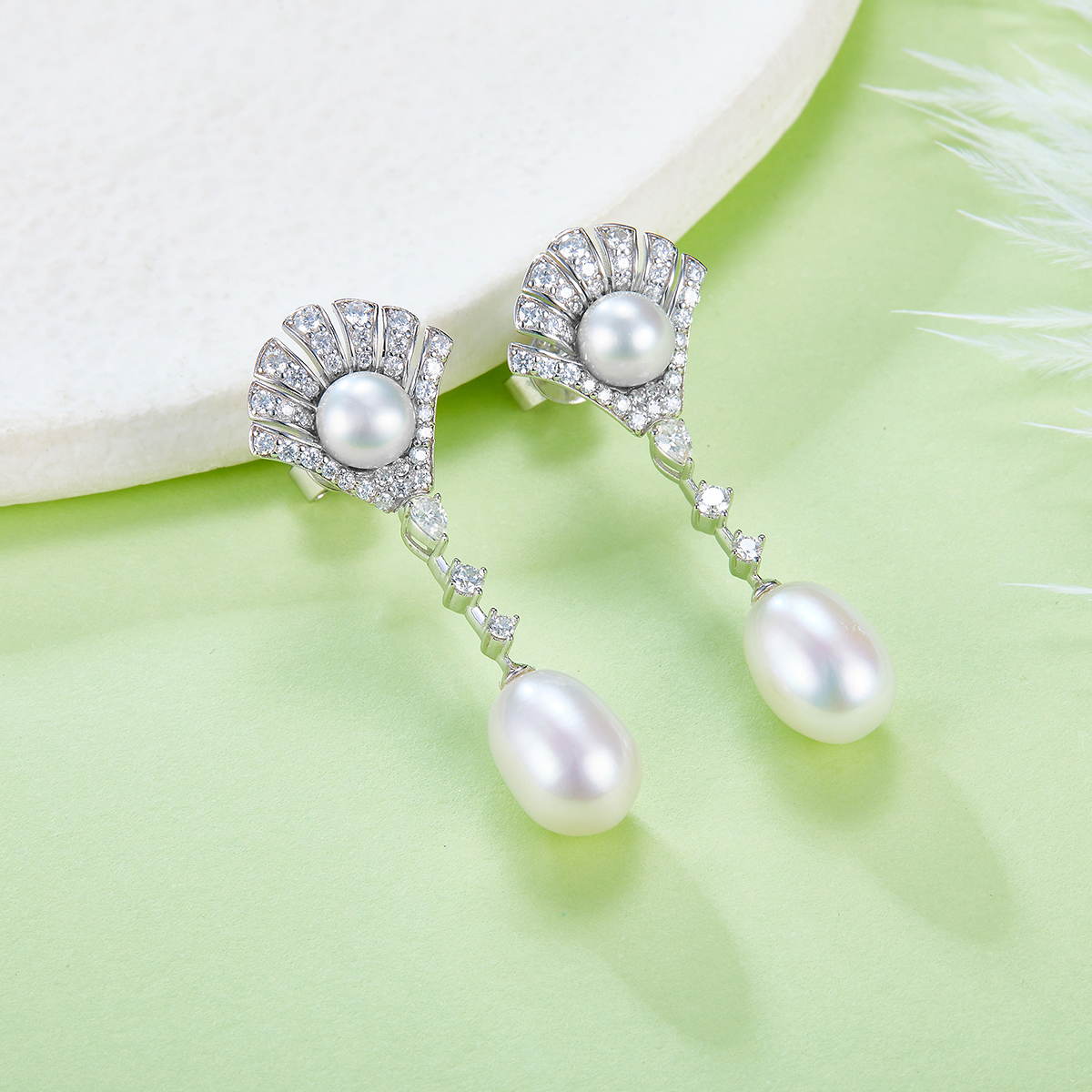 Sterling Silver Pearl Dangle Earrings, Fan Pave, Teardrop Pearl, Platinum Plated, 4.5g