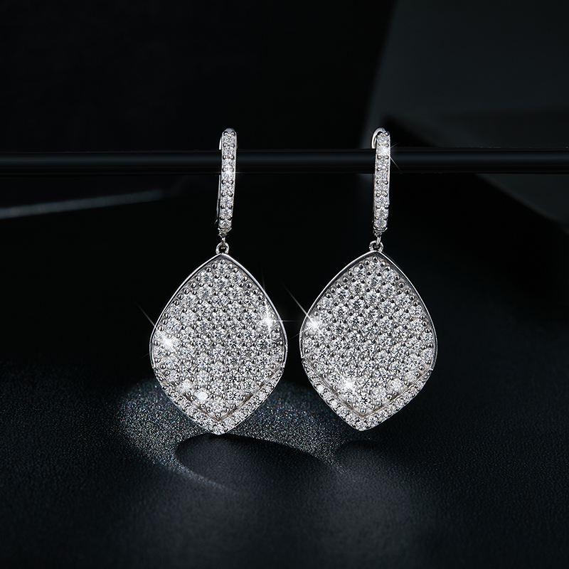 Sterling Silver Platinum Plated Leaf Shaped Pave Moissanite Dangle Earrings Teardrop Drop