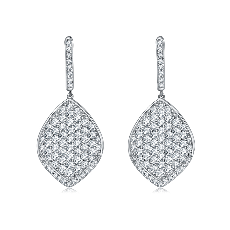 Sterling Silver Platinum Plated Leaf Shaped Pave Moissanite Dangle Earrings Teardrop Drop