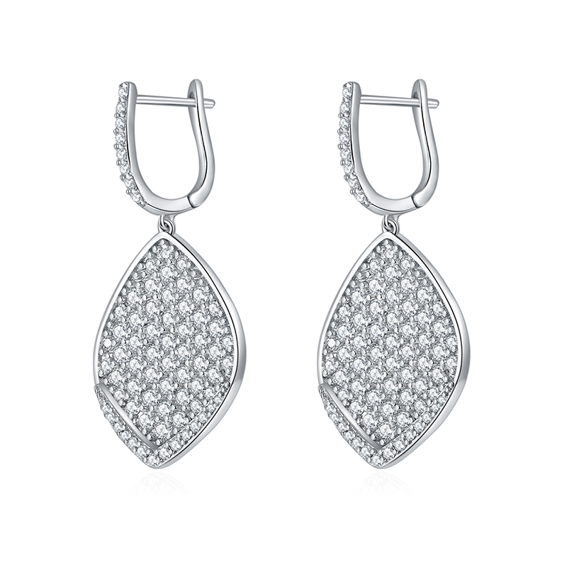 Sterling Silver Platinum Plated Leaf Shaped Pave Moissanite Dangle Earrings Teardrop Drop