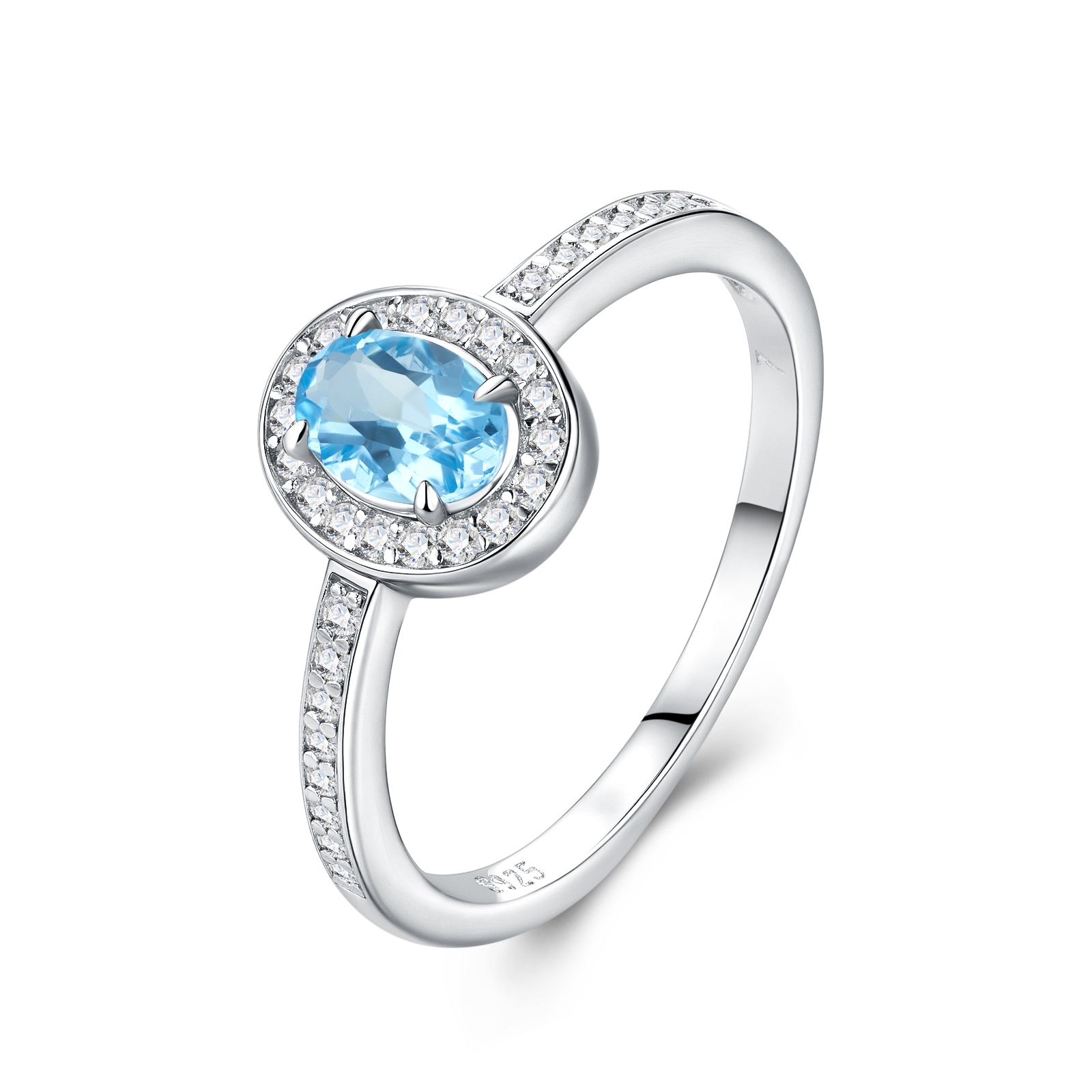 Sterling Silver Platinum Plated Ring Oval Cut Blue Topaz Halo Band 2g Dainty Promise Ring