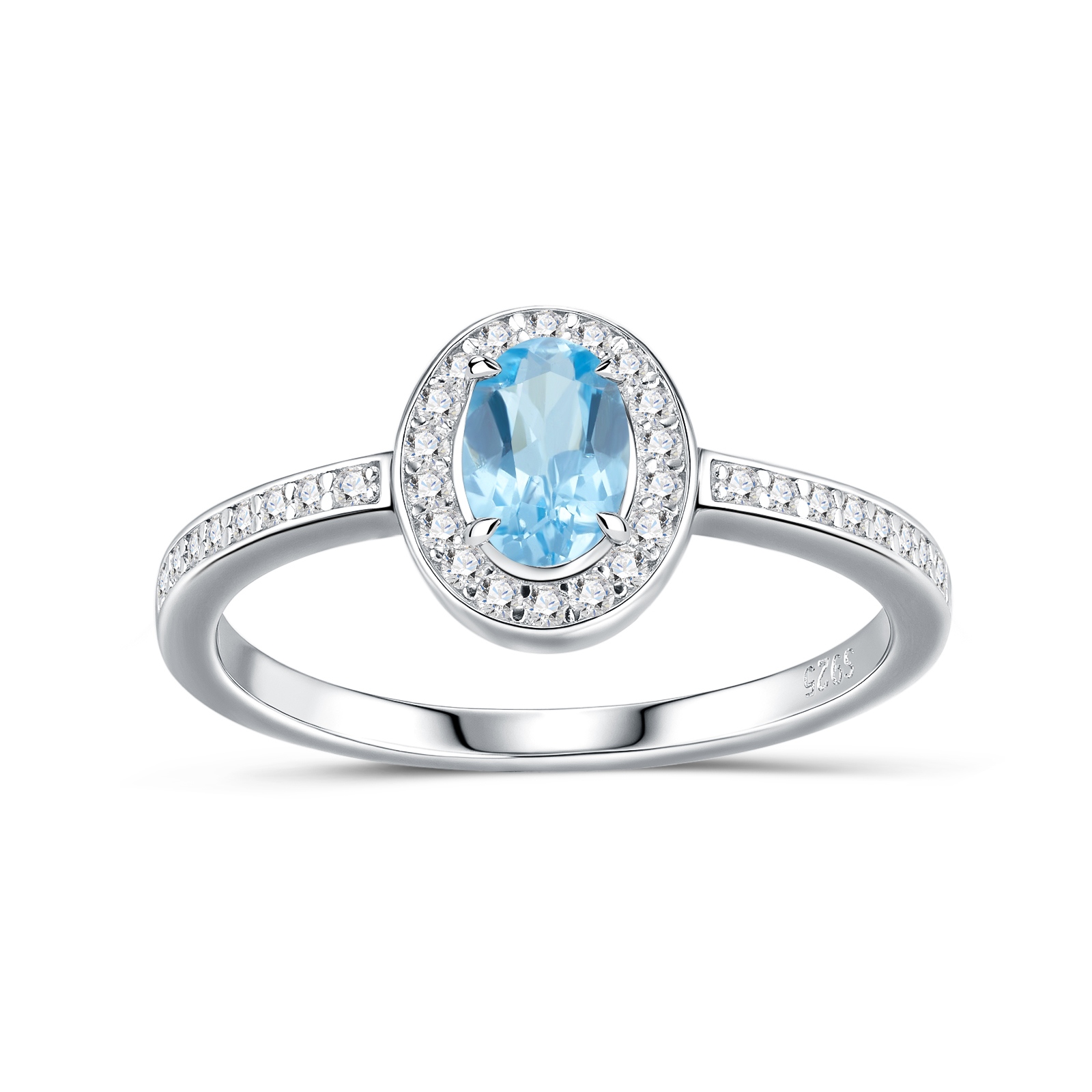 Sterling Silver Platinum Plated Ring Oval Cut Blue Topaz Halo Band 2g Dainty Promise Ring