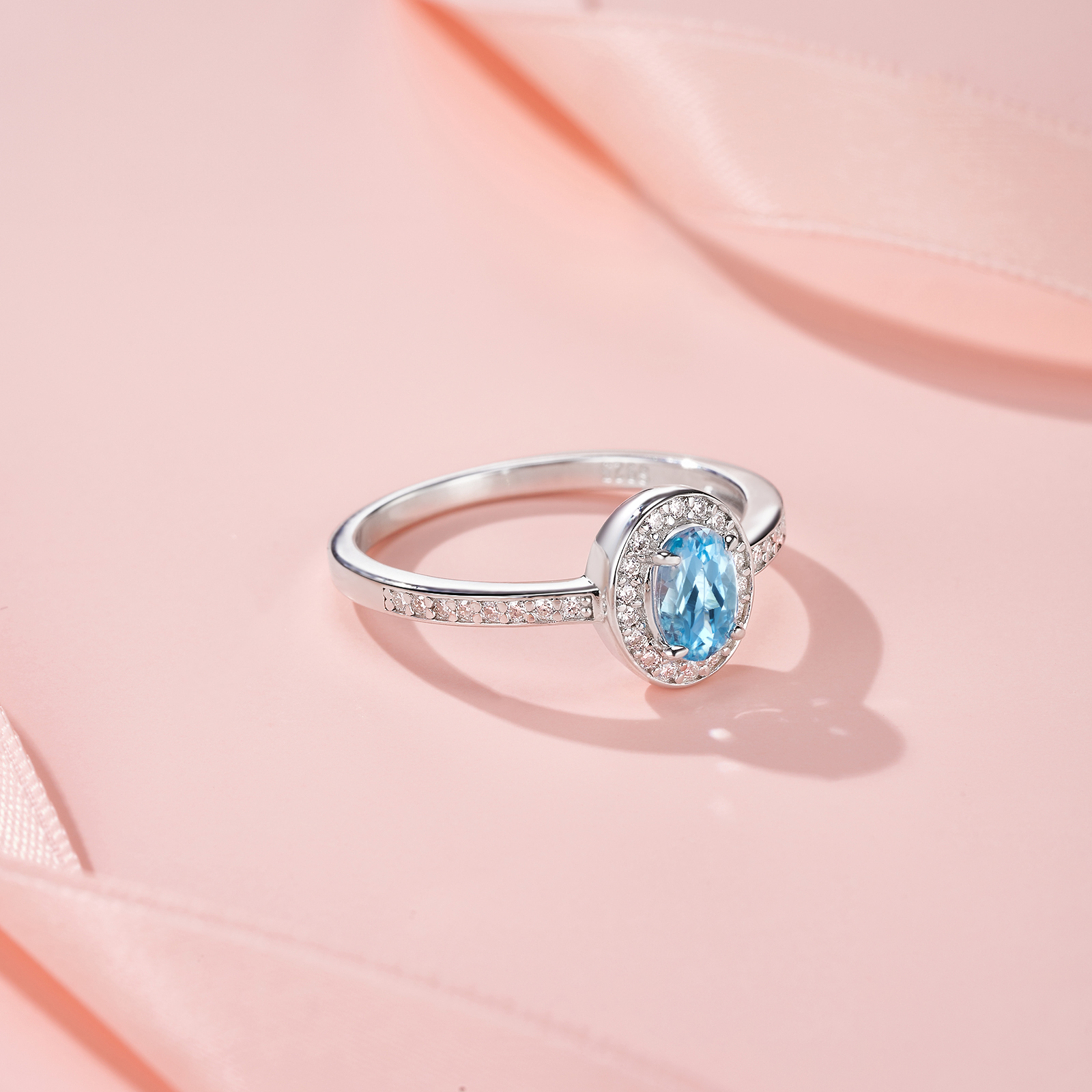 Sterling Silver Platinum Plated Ring Oval Cut Blue Topaz Halo Band 2g Dainty Promise Ring