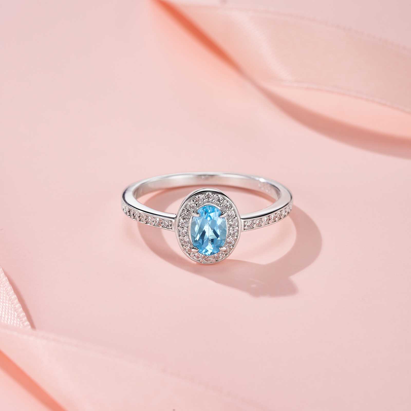 Sterling Silver Platinum Plated Ring Oval Cut Blue Topaz Halo Band 2g Dainty Promise Ring