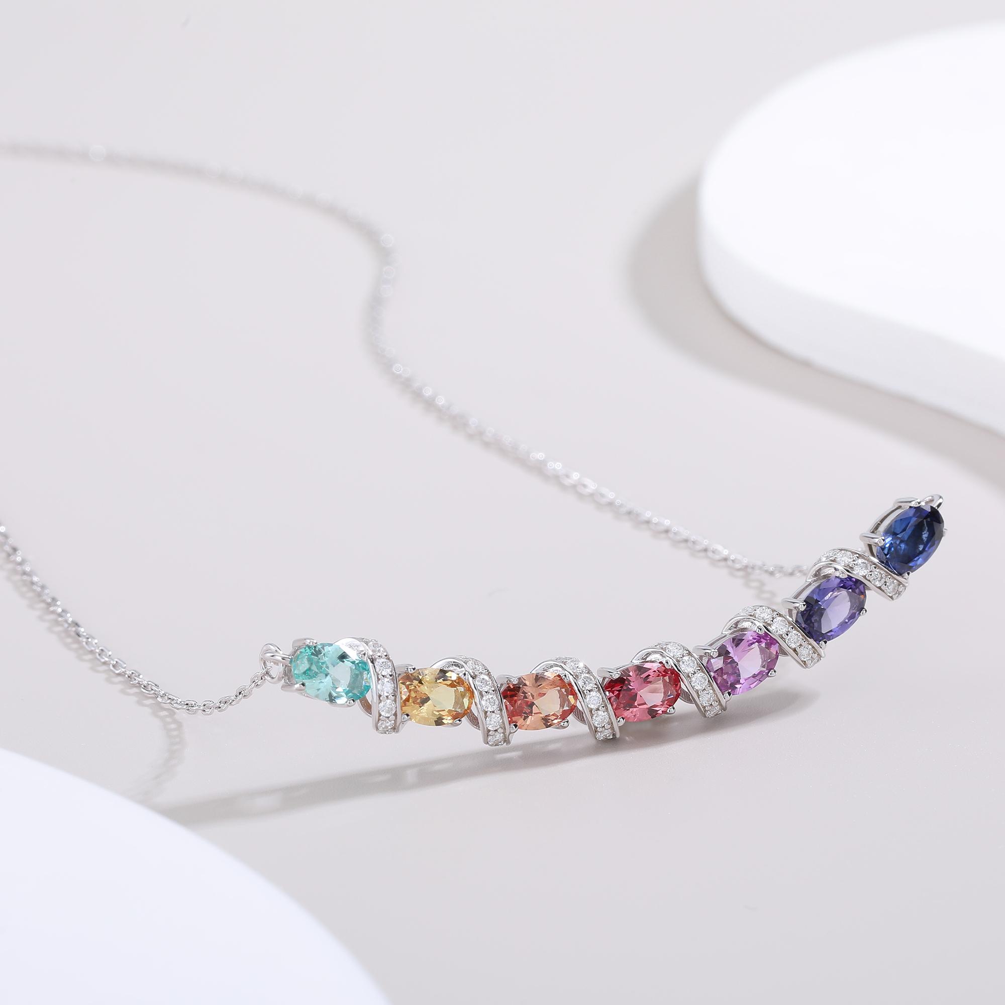 Sterling Silver Rainbow Lab-Grown Gemstone Necklace 45cm Oval Cut With D Color VVS1
