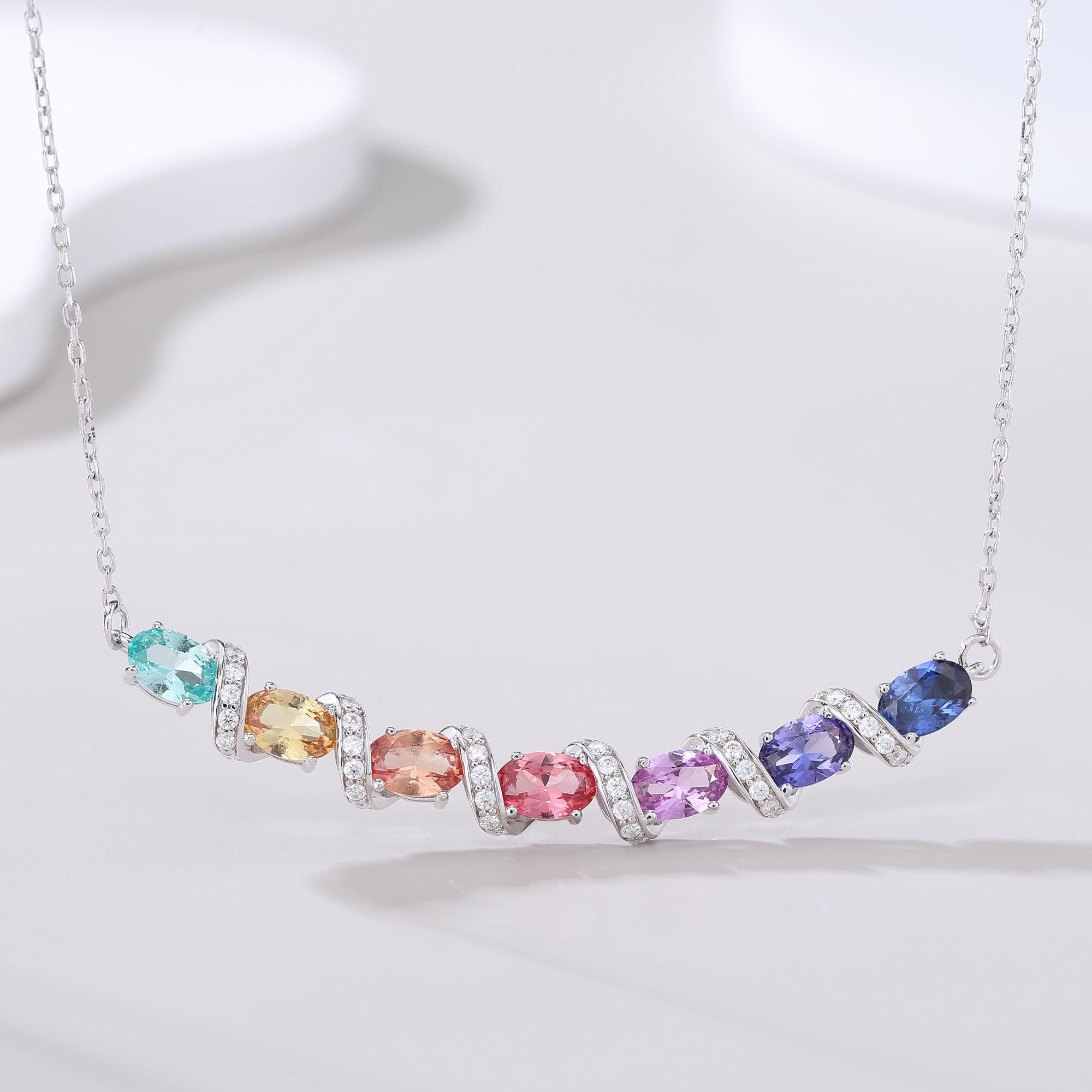 Sterling Silver Rainbow Lab-Grown Gemstone Necklace 45cm Oval Cut With D Color VVS1