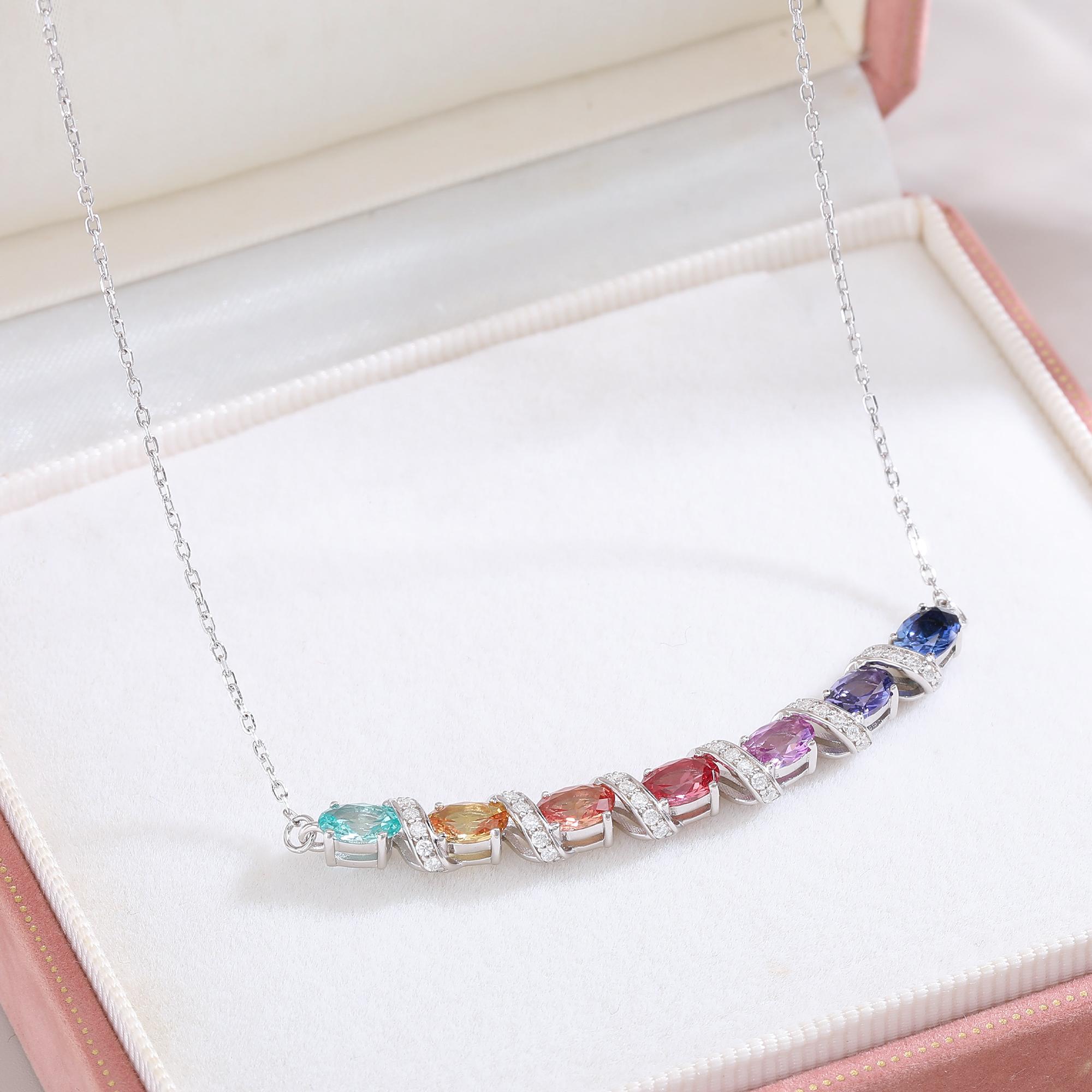 Sterling Silver Rainbow Lab-Grown Gemstone Necklace 45cm Oval Cut With D Color VVS1