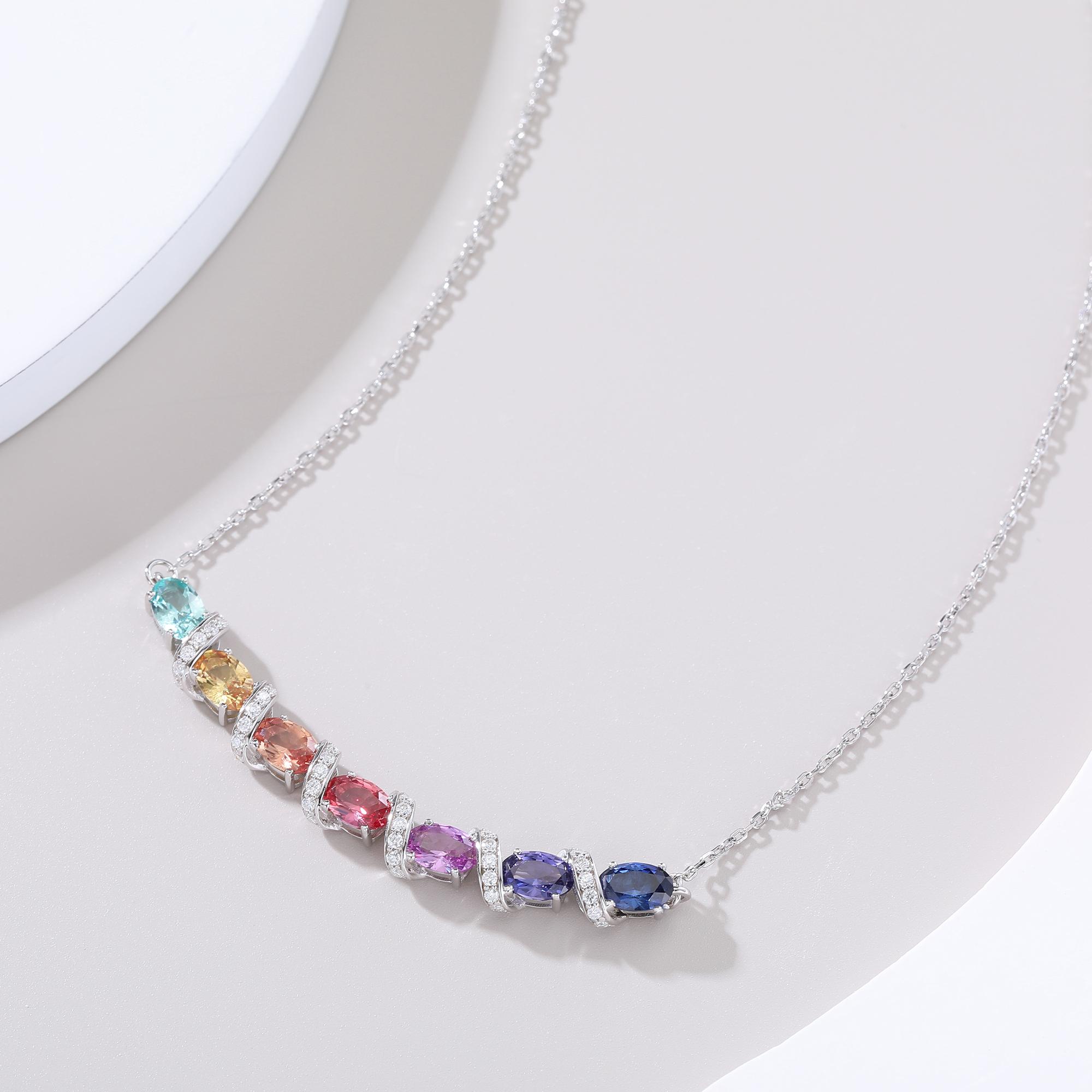 Sterling Silver Rainbow Lab-Grown Gemstone Necklace 45cm Oval Cut With D Color VVS1