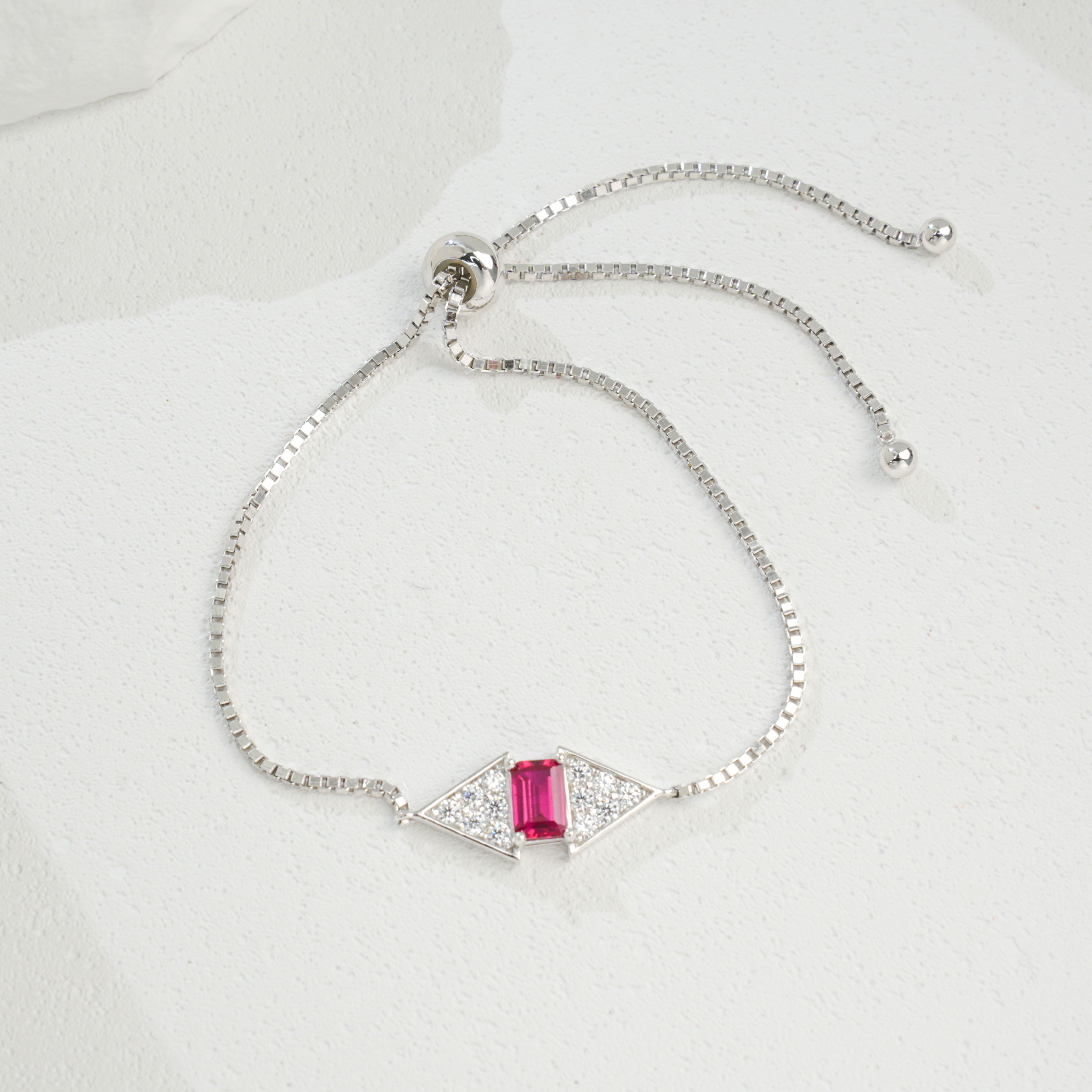 Sterling Silver Rectangle 6x4mm Lab-Grown Emerald Ruby Bracelet 22cm Slider Adjustable