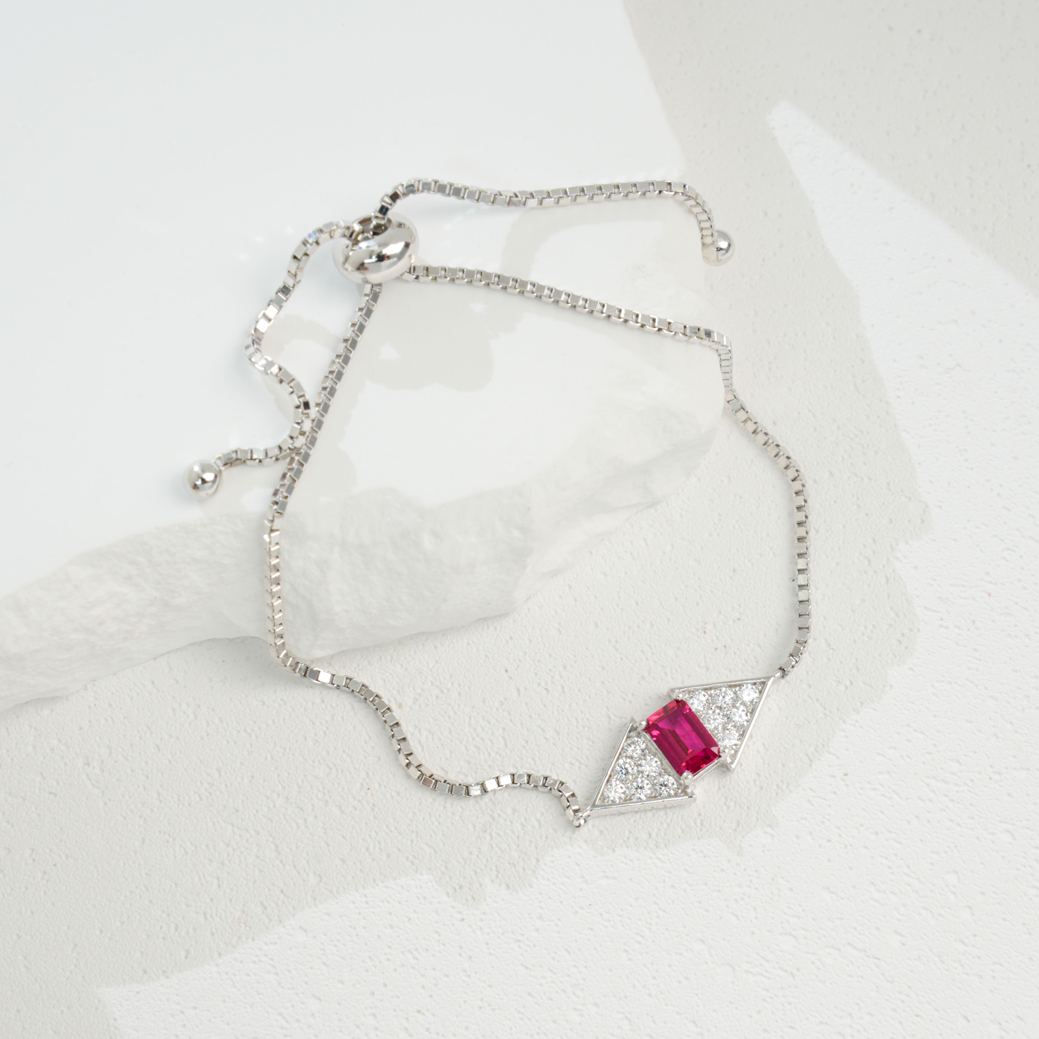 Sterling Silver Rectangle 6x4mm Lab-Grown Emerald Ruby Bracelet 22cm Slider Adjustable