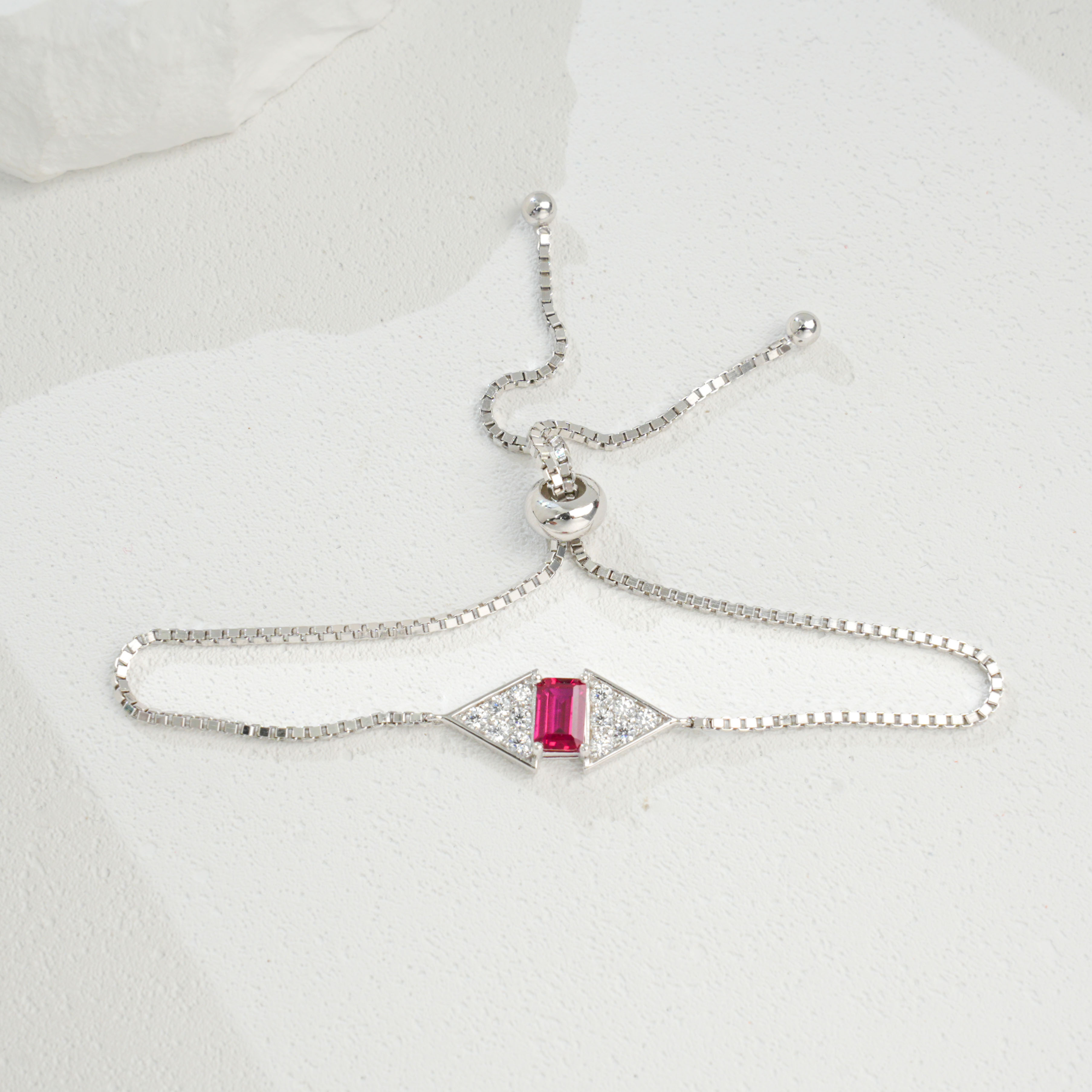 Sterling Silver Rectangle 6x4mm Lab-Grown Emerald Ruby Bracelet 22cm Slider Adjustable