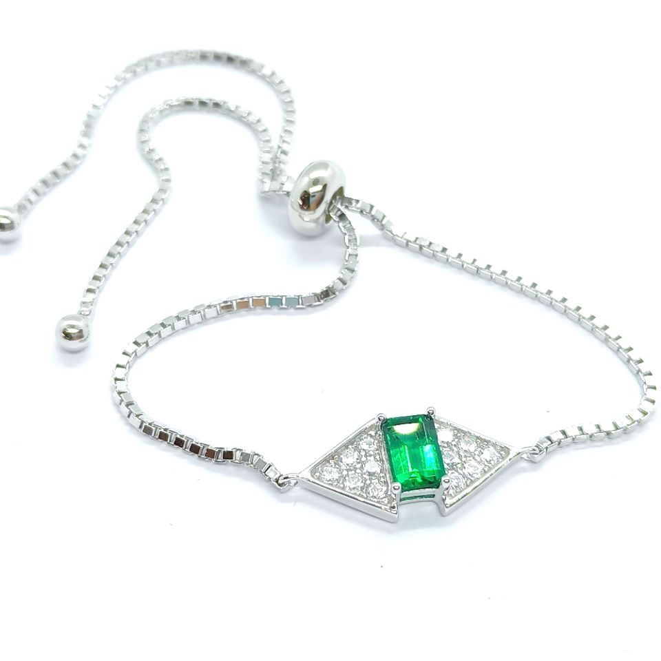 Sterling Silver Rectangle 6x4mm Lab-Grown Emerald Ruby Bracelet 22cm Slider Adjustable