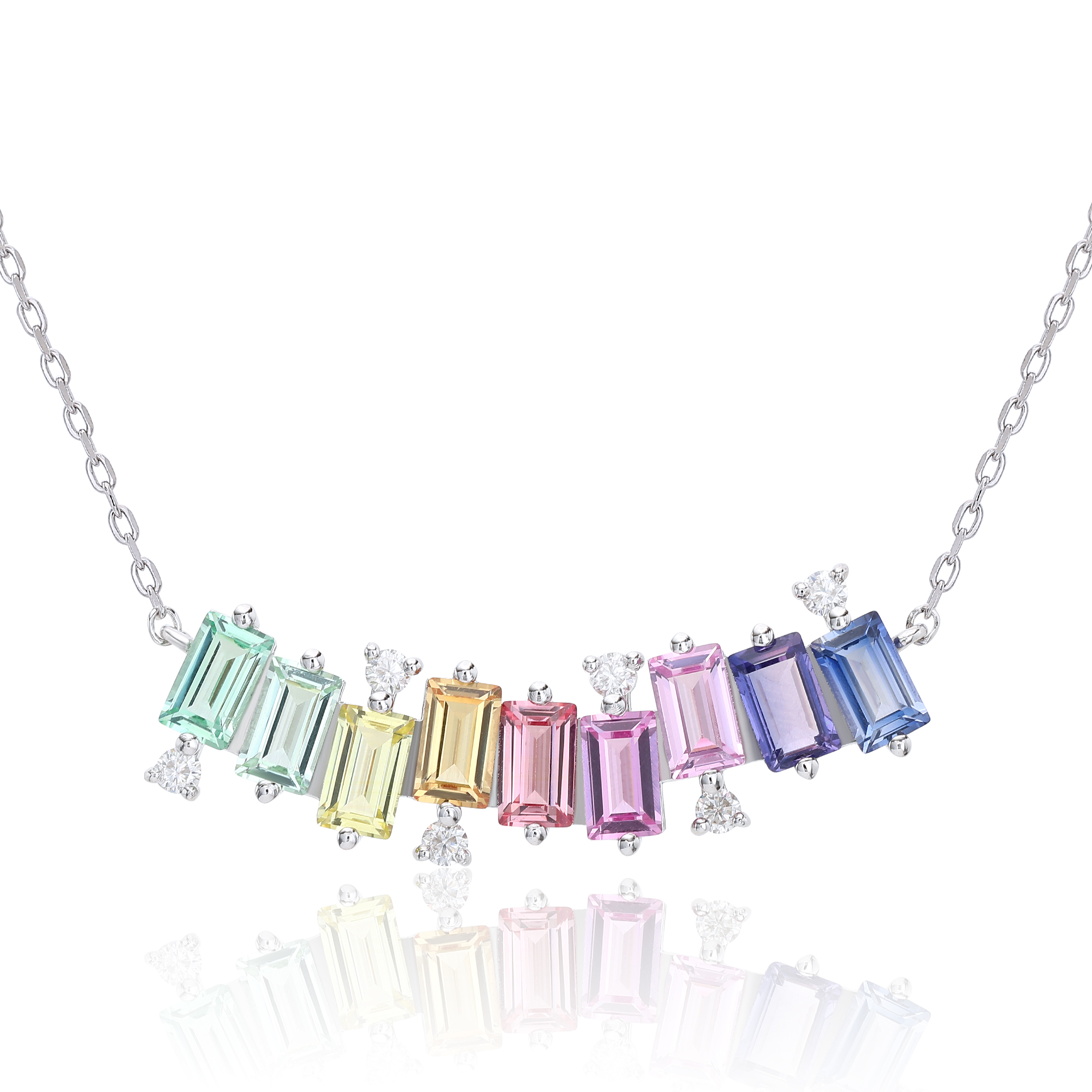 Sterling Silver Rectangle Rainbow Lab-Grown Gemstone Necklace 45cm Platinum Plated With D